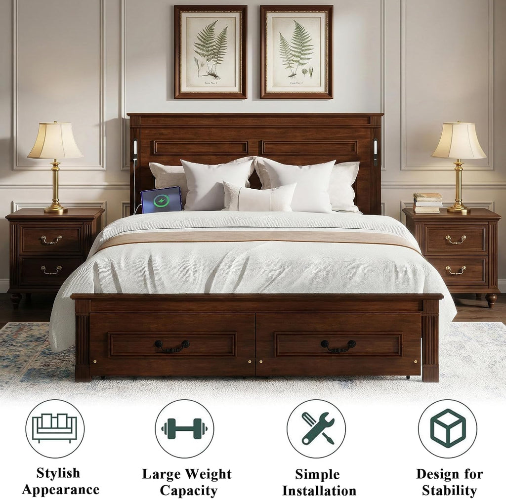 Queen Bed Frame with 46' Tall Headboard, Farmhouse Solid Wood Queen Platform Bed with 2 Storage Drawers,LED Lights & USB Charging Station,No Box Spring Needed, Walnut