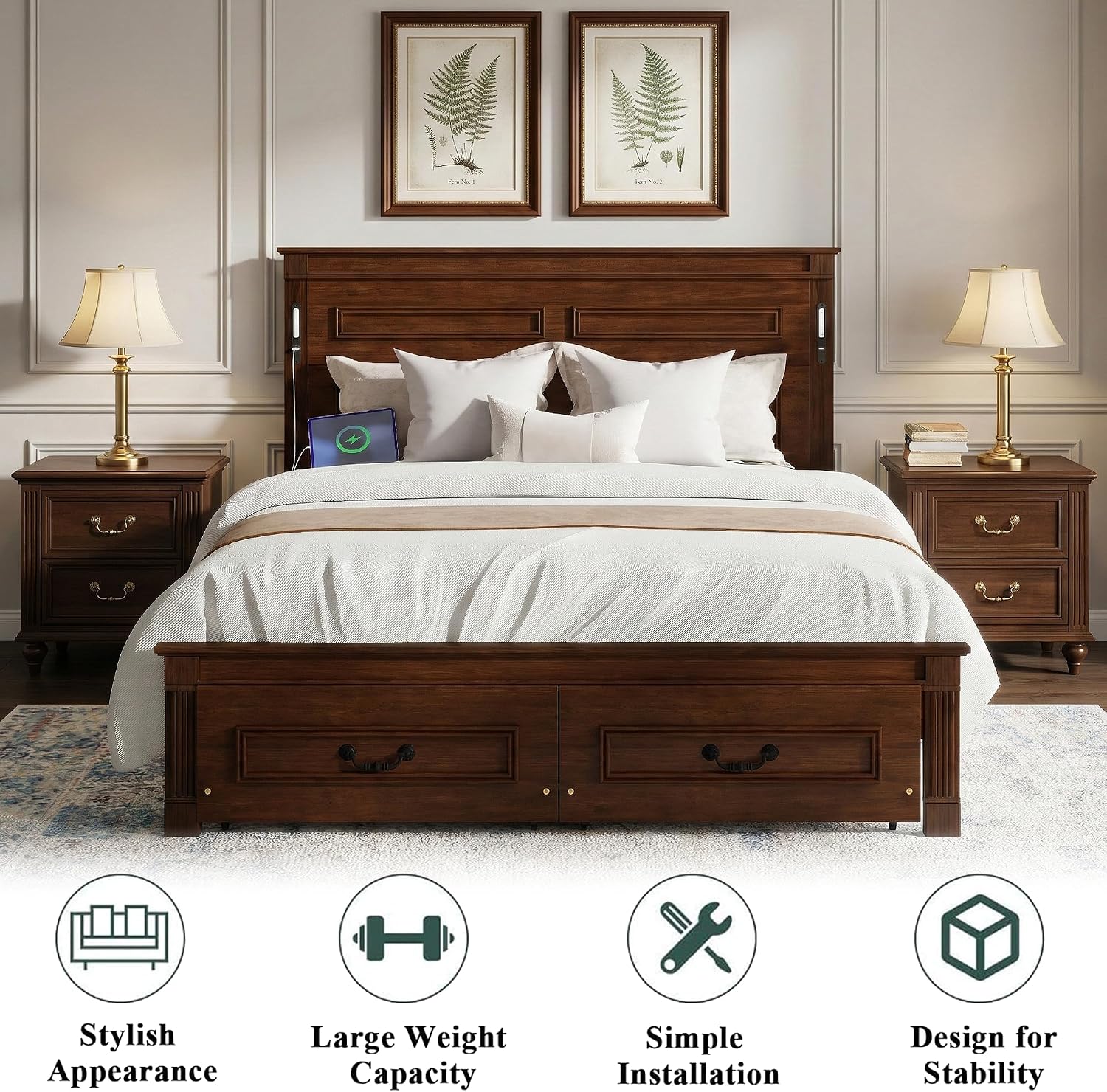 Queen Bed Frame with 46' Tall Headboard, Farmhouse Solid Wood Queen Platform Bed with 2 Storage Drawers,LED Lights & USB Charging Station,No Box Spring Needed, Walnut