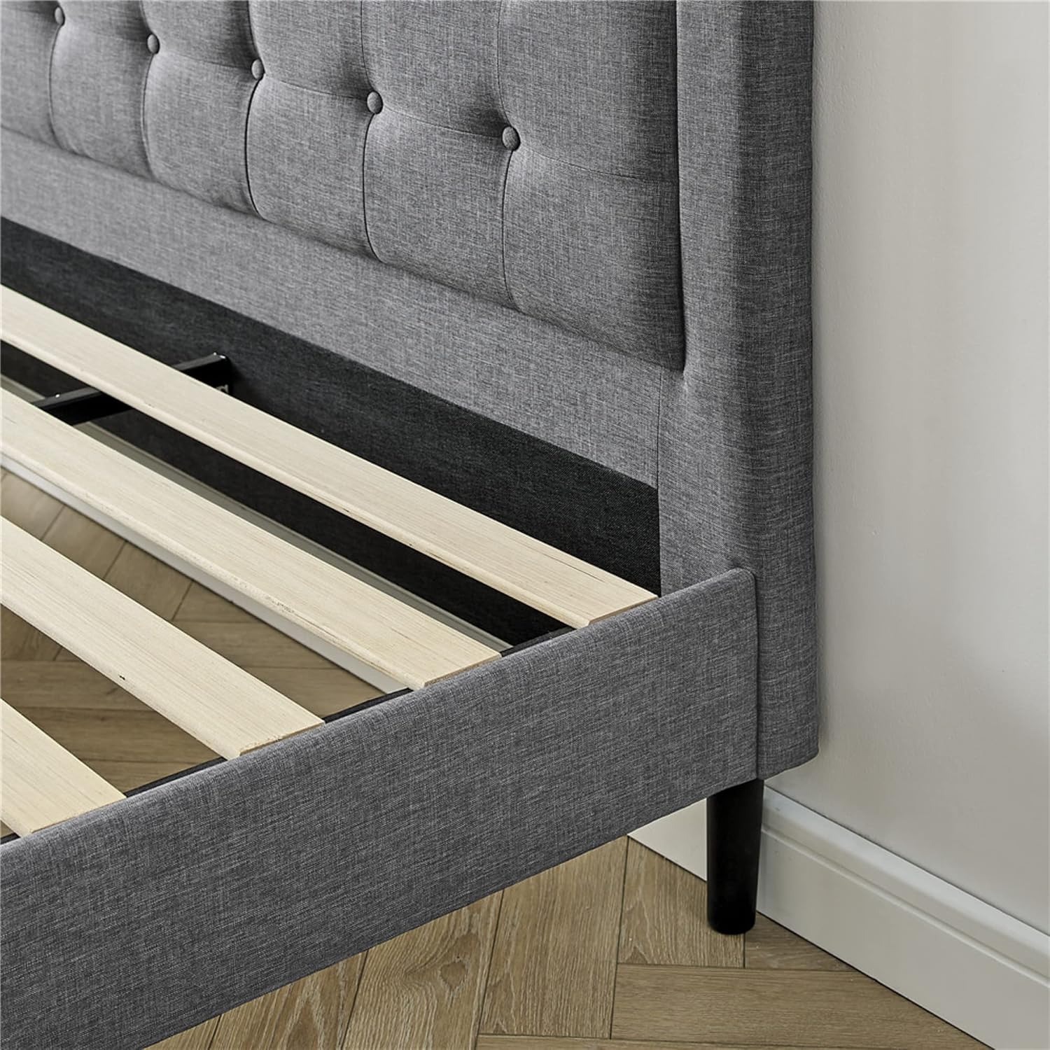 Decoro Mornington 2.0 Upholstered Platform Bed | Headboard and Metal Frame with Wood Slat Support, Grey, Queen Size