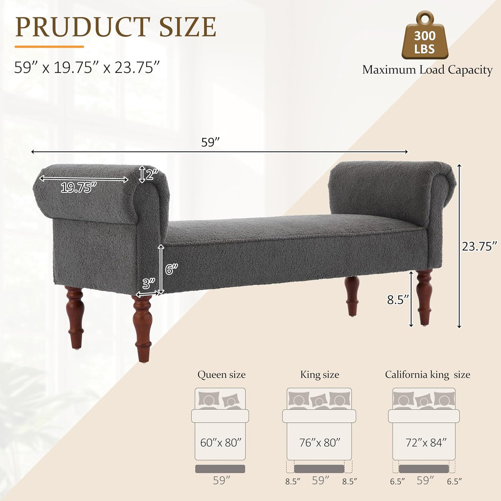 Merax 59' Upholstered Teddy Bench with Rolled Arms, End of Bed Bench with Cushion & Solid Wood Legs for Bedroom, Living Room, Entryway, Grey