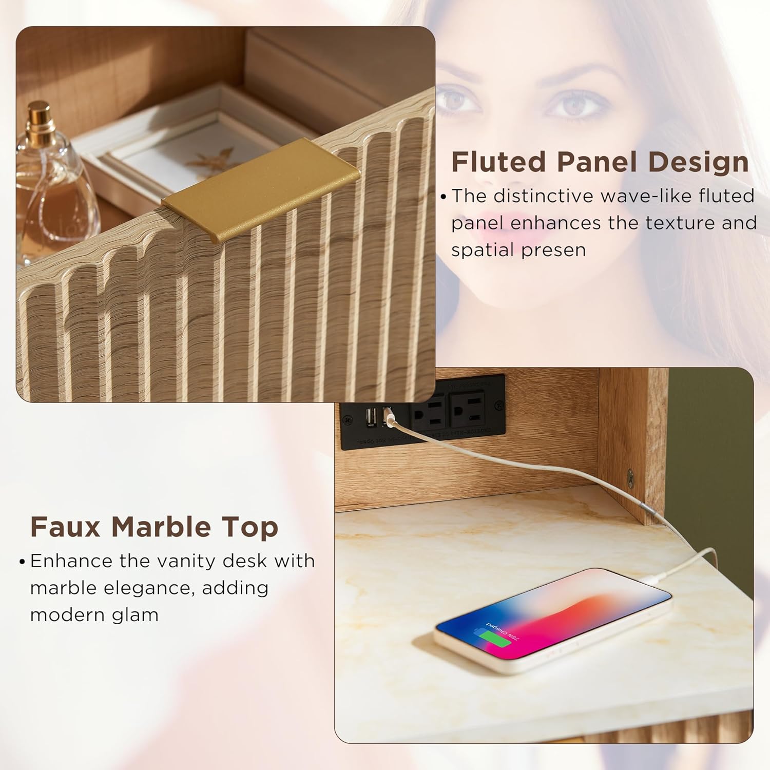T4TREAM 48' Fluted Makeup Vanity Desk with Large 36' Mirror and Lights, Modern Glass Top Big Vanity Table with 5 Drawers & Adjustable Shelves, Dressing Table Set w/Charging Station for Bedroom, Oak