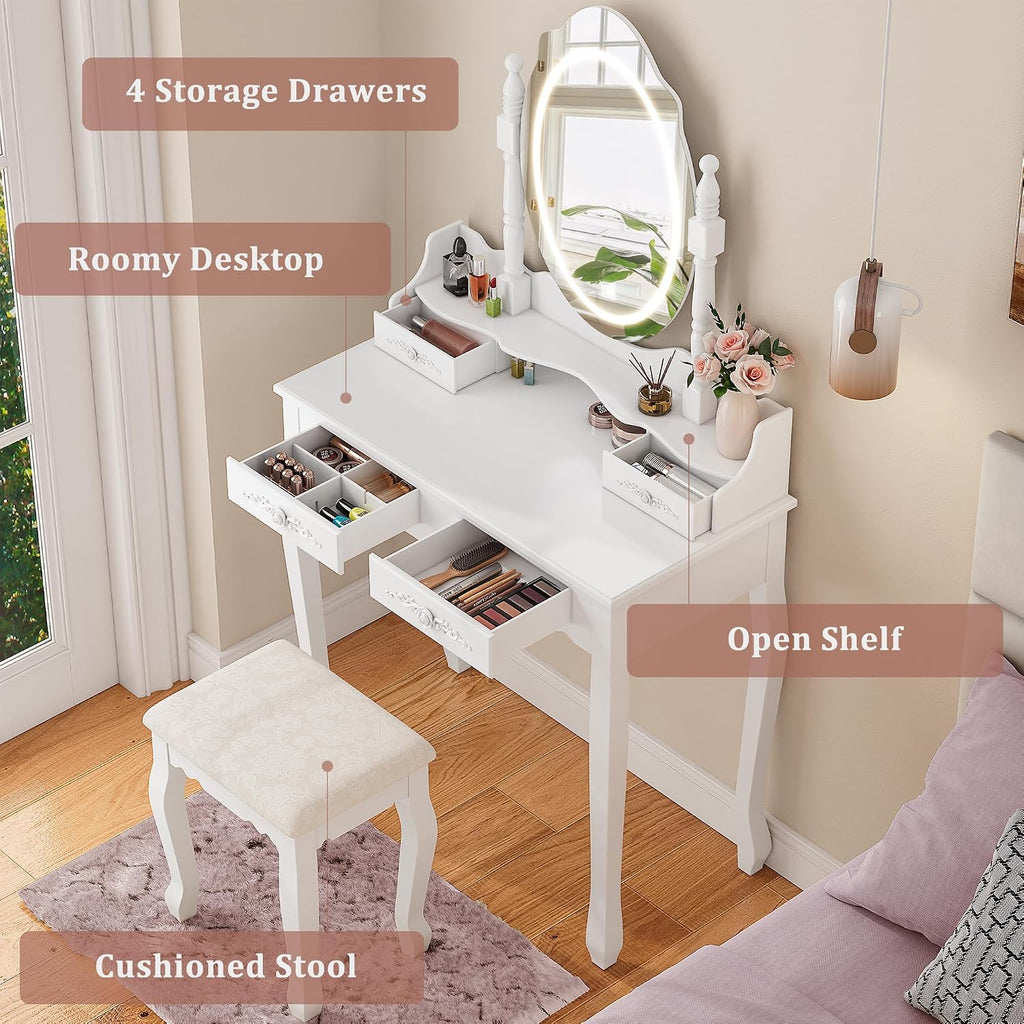 Whalefall Vanity Desk with LED Lighted Mirror & 4 Drawers, Makeup Vanity Table with Cushion Stool, 3 Color Modes & Adjustable Brightness Dressing Table, for Bedroom, White