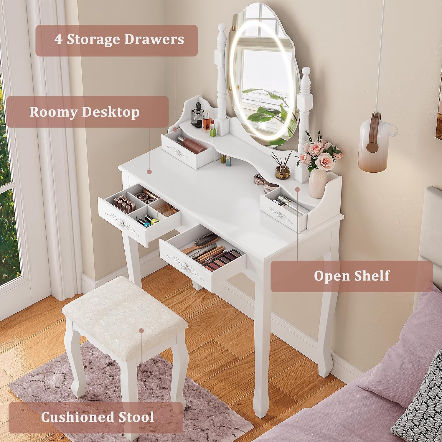 Whalefall Vanity Desk with LED Lighted Mirror & 4 Drawers, Makeup Vanity Table with Cushion Stool, 3 Color Modes & Adjustable Brightness Dressing Table, for Bedroom, White
