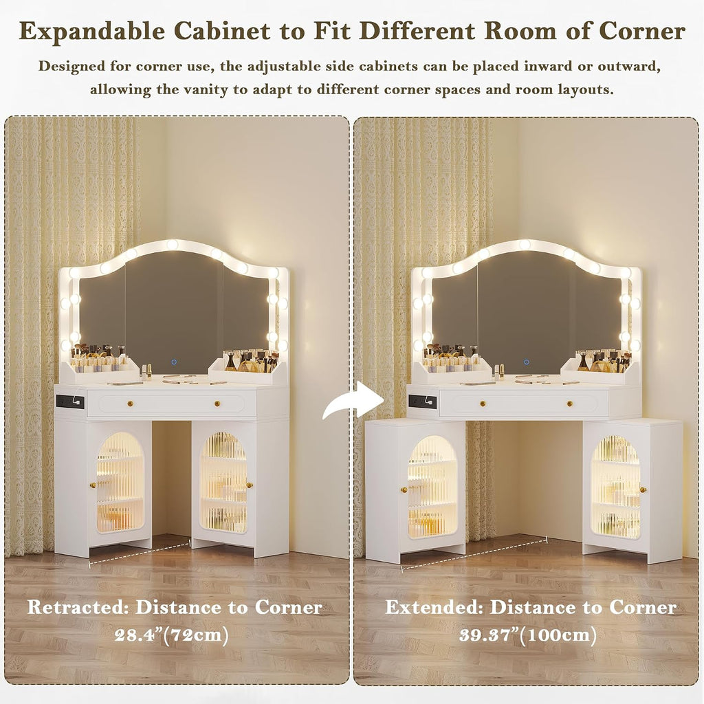 Corner Vanity Desk with 3 Way Mirror & LED Lights, Makeup Table Set with Charging Station, Storage Drawers & Side Cabinets, Modern Bedroom Dressing Table for Women & Girls Birthday Gift