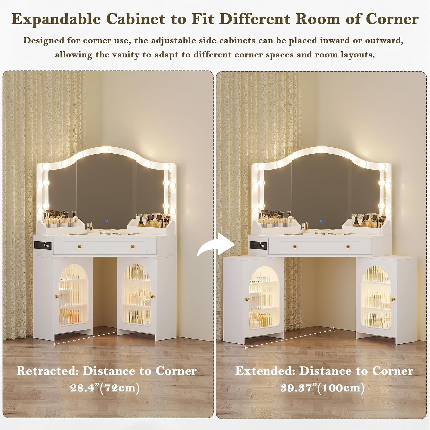 Corner Vanity Desk with 3 Way Mirror & LED Lights, Makeup Table Set with Charging Station, Storage Drawers & Side Cabinets, Modern Bedroom Dressing Table for Women & Girls Birthday Gift