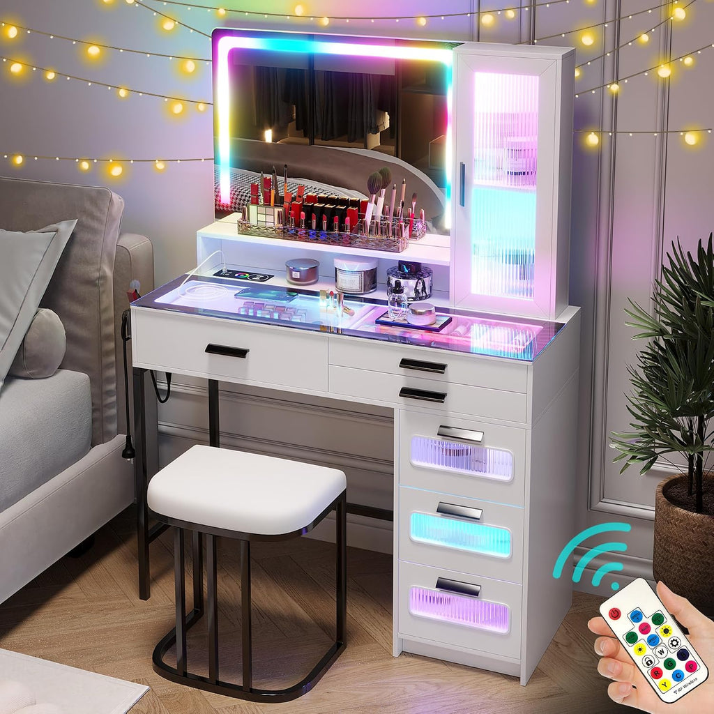 WOOVIVS Vanity with LED Mirror, Makeup Desk with 24 RGB Atuo Lighted Drawers for Bedroom, Glass Top Vanities Table Set with Wireless Charging Station, Chair,Jewelry Organizer for Girls/Women (White)