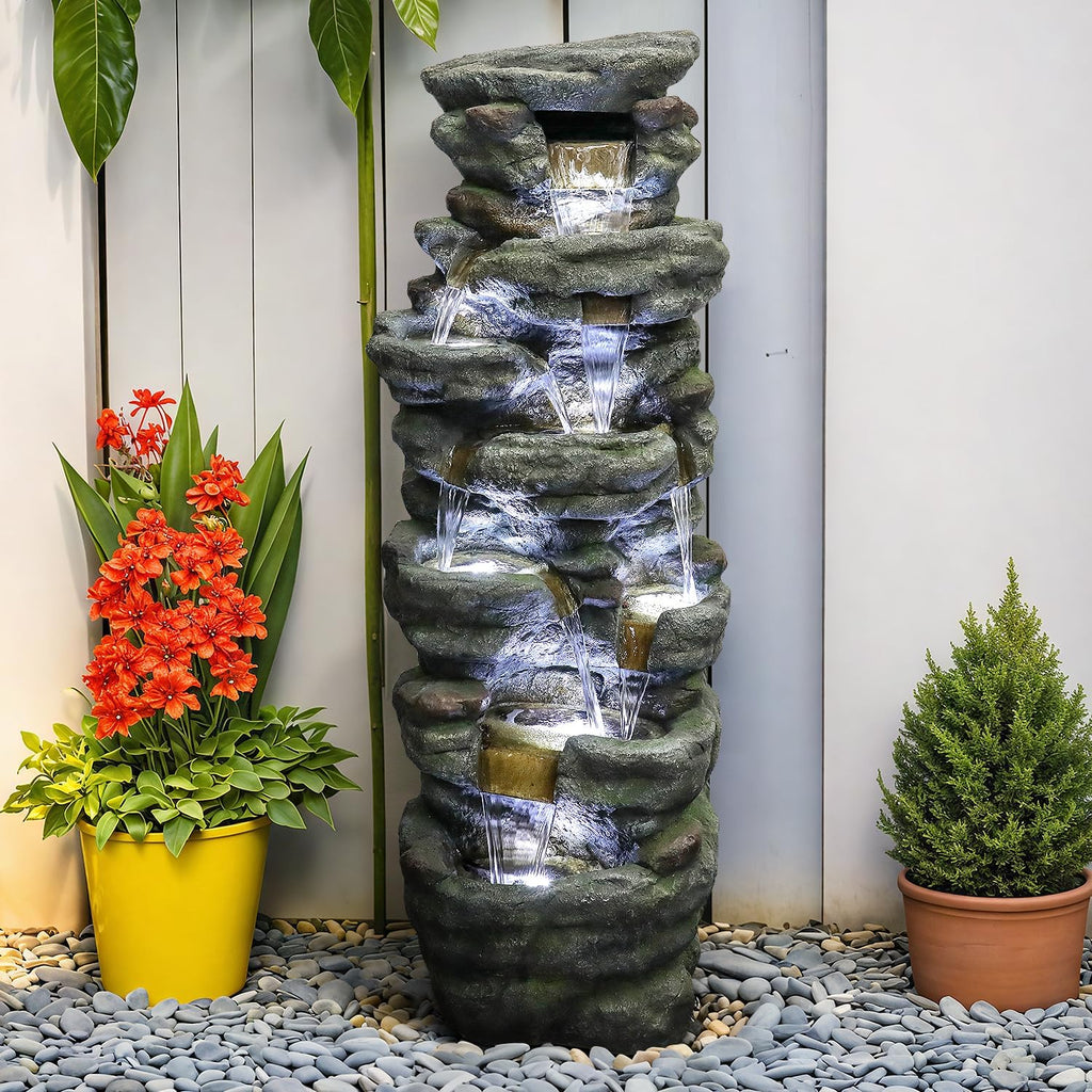SunJet 51' High Multi-Tiers Cascading Rock Outdoor Water Fountain with LED Lights - Large Outdoor Resin Fountains and Waterfalls for Garden or Patio, Yard, Deck Decor, Featuring Natural Stone Look