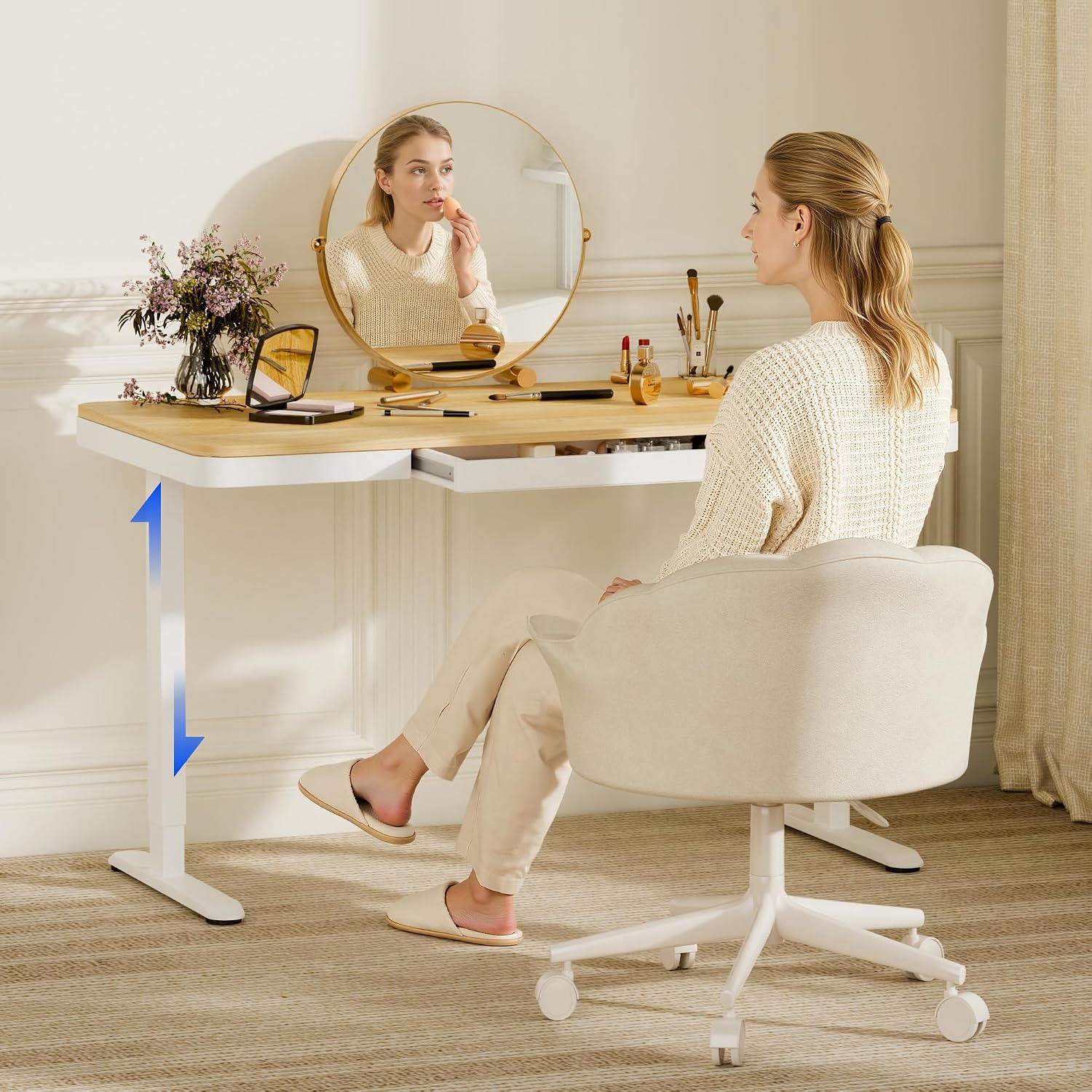 FLEXISPOT Electric Standing Makeup Vanity Desk with Drawer and USB Charge Ports&Child Lock, 55' Height Adjustable Whole-Piece Quick Install Dressing Table for Women Girls Bedroom Dressing Room, Maple