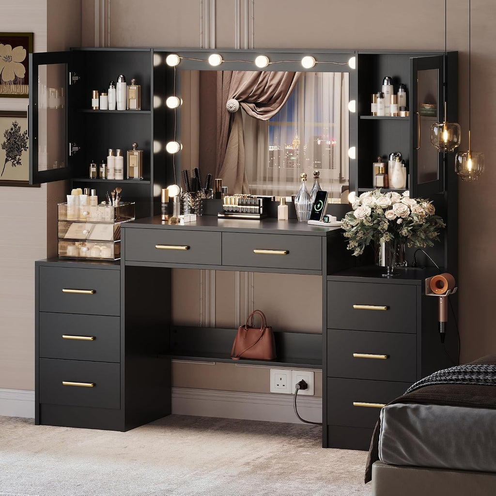 TOKSOM Large Black Vanity Desk with Mirror and Charging Station, Makeup Desk with 8 Drawers, 2 Cabinets and Lots Storage, Dressing Table Vanity Set for Girls Without Lights, 58.3 inch Black