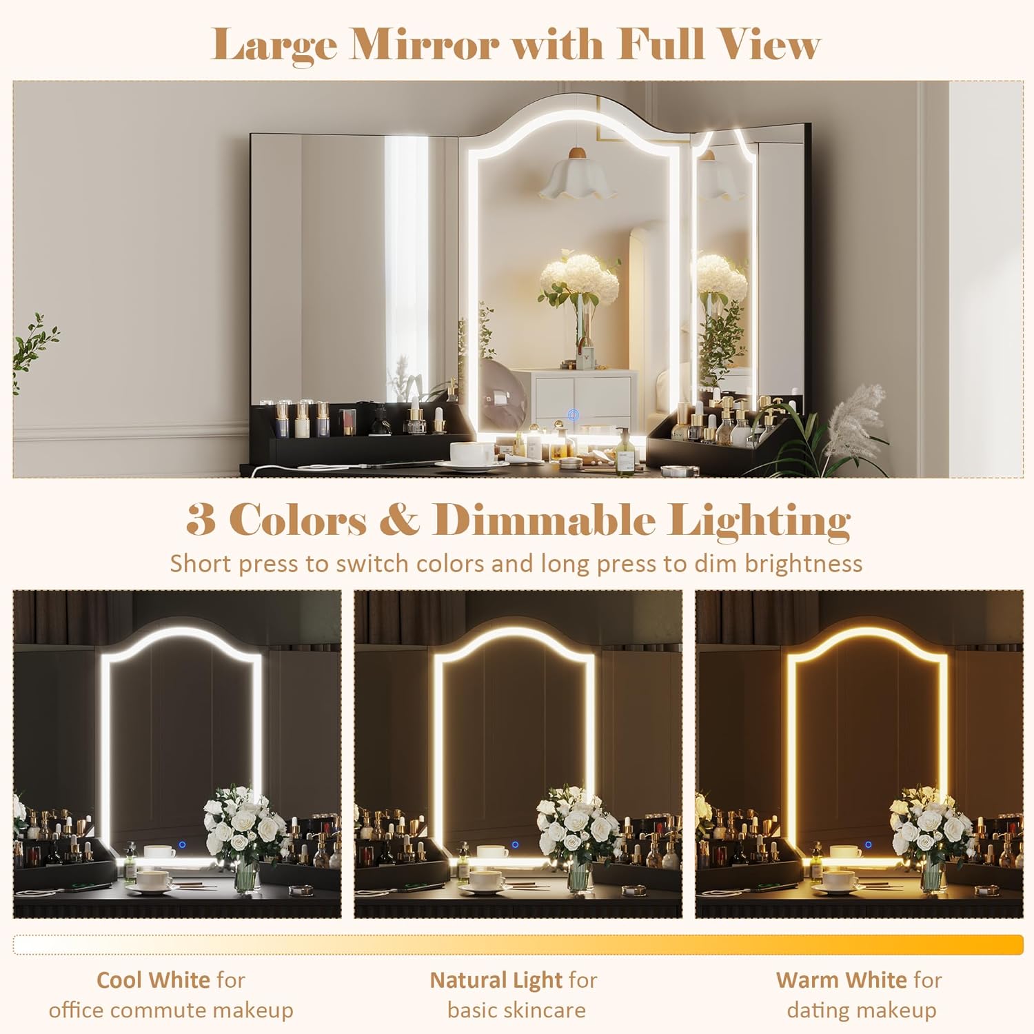 Corner Vanity Desk with 3 Way Mirror & LED Lights, Makeup Table Set with Charging Station, Storage Drawers & Side Cabinets, Modern Bedroom Dressing Table for Women & Girls Birthday Gift