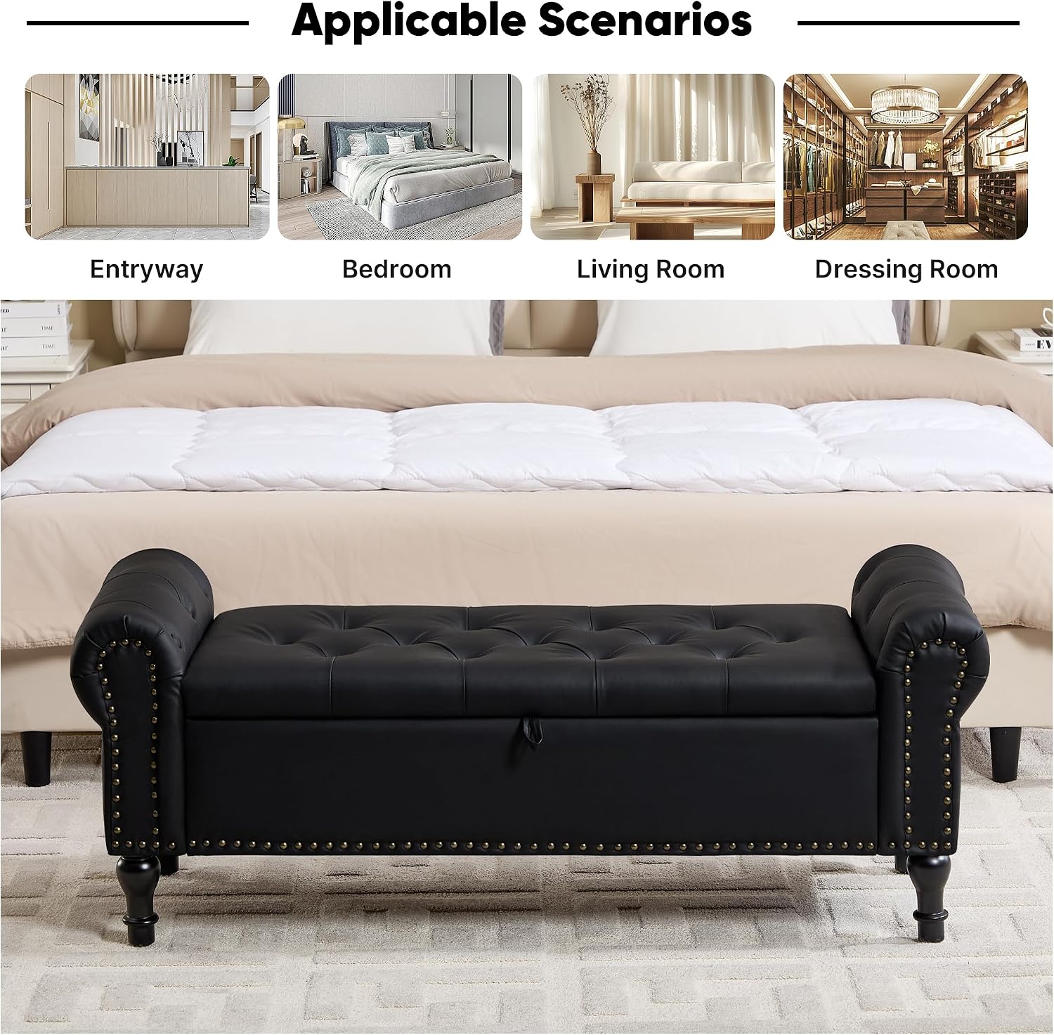 Storage Bench for Bedroom, 51' Upholstered End of Bed Bench, Faux Leather Queen Size Benches with Rolled Arms, Tufted Button Storage Long Ottoman, Living Room, Entryway, Black