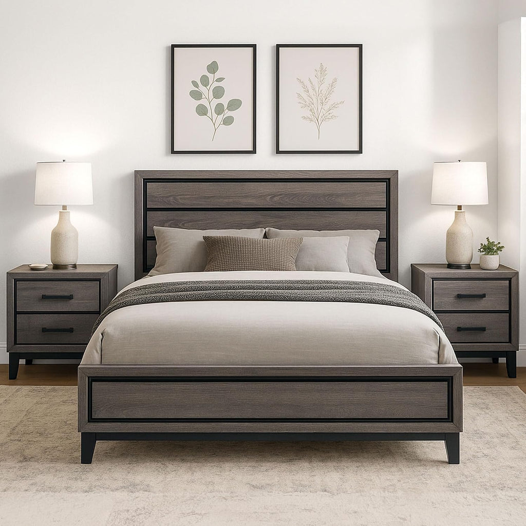 Kings Brand Furniture 3-Piece Deep Gray Finish with Tapered Legs & Matte Black Hardware Bedroom Set – Rustic Bedroom Furniture Wood Bed Frame with 2 Nightstands (Queen)