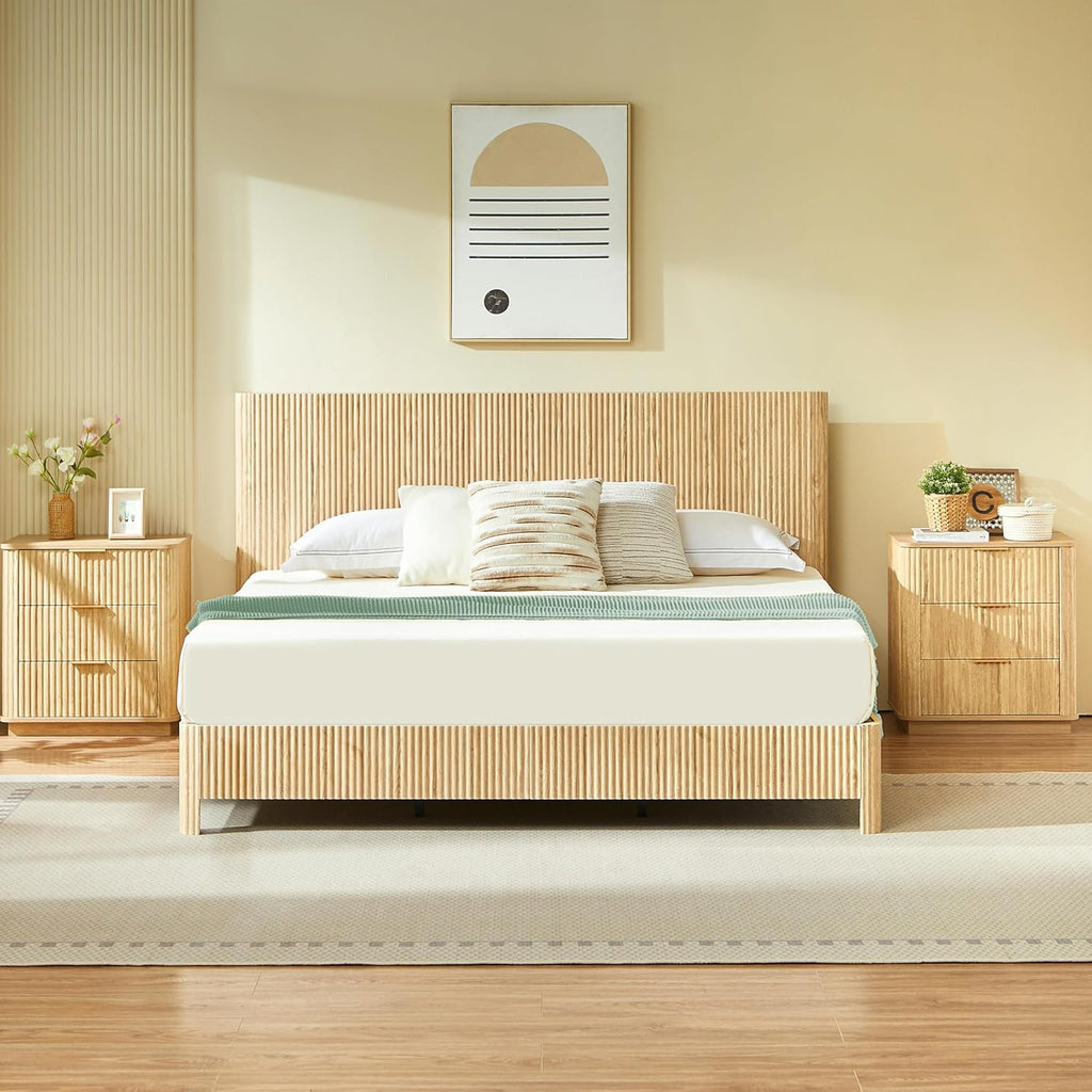King Size Wood Bed Frame with Headboard, Modern Retro Oak Platform Beds Frames, Mid Century Rustic Wooden Bedroom Floor-BedFrame, No Box Spring Needed, Easy Assembly (Oak, King, Metal Base)