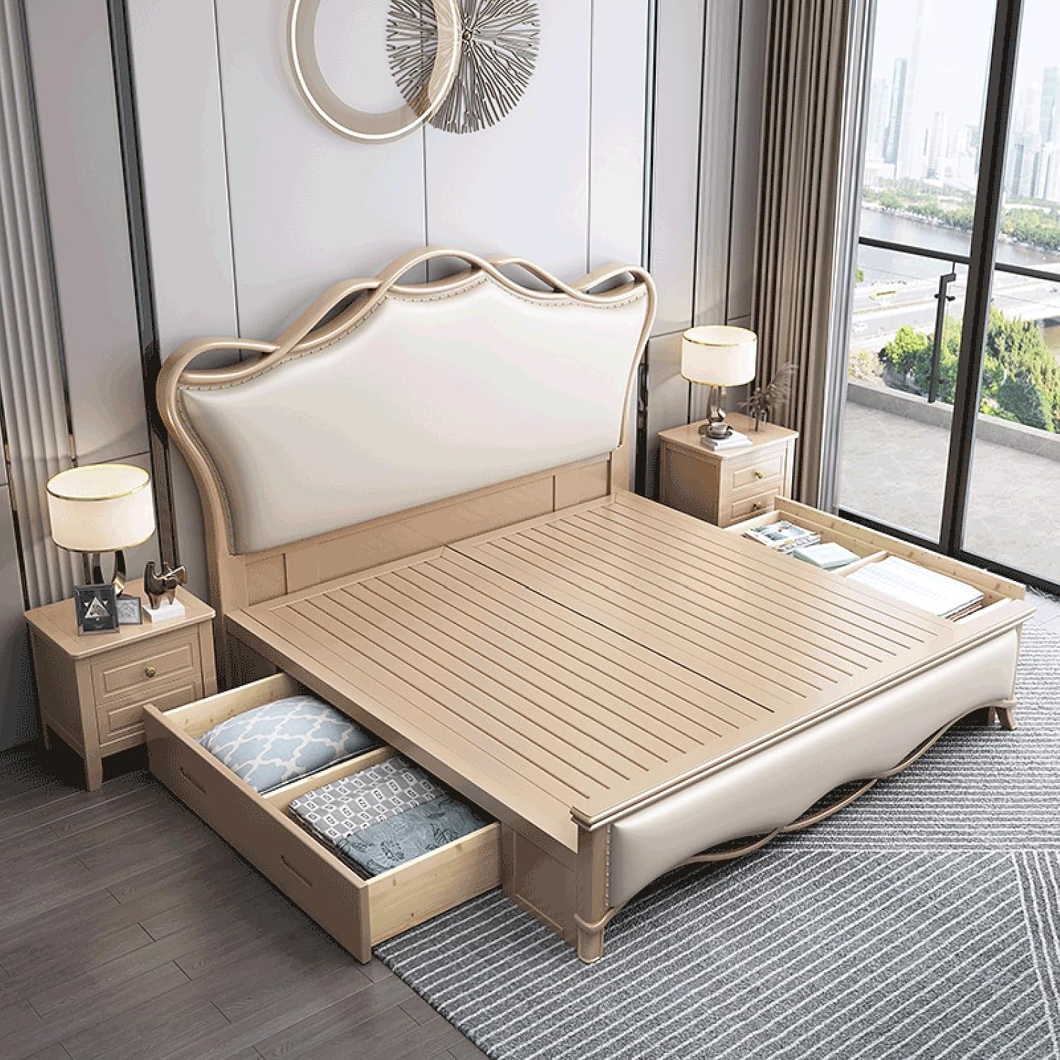 Luxury King Size Genuine Leather Bed Set Thick Padded Headboard Wooden Slats and Metal Frame Support, Lift Up Storage No Box Spring Needed Noise Free