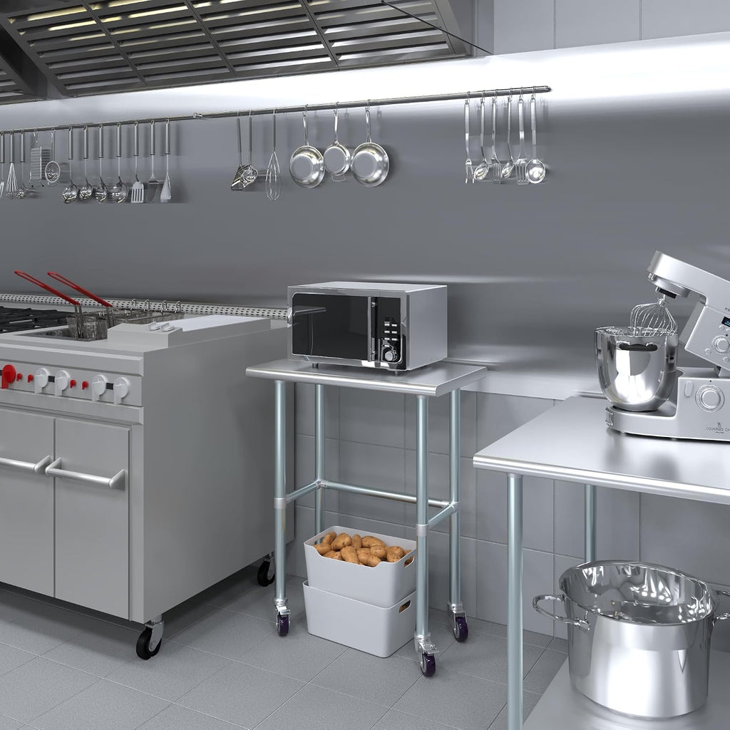 AmGood Stainless Steel Work Table Open Base & Wheels | Work Station | Metal Work Bench (Stainless Steel Work Table Open Base + Casters, 30' Long x 18' Deep)