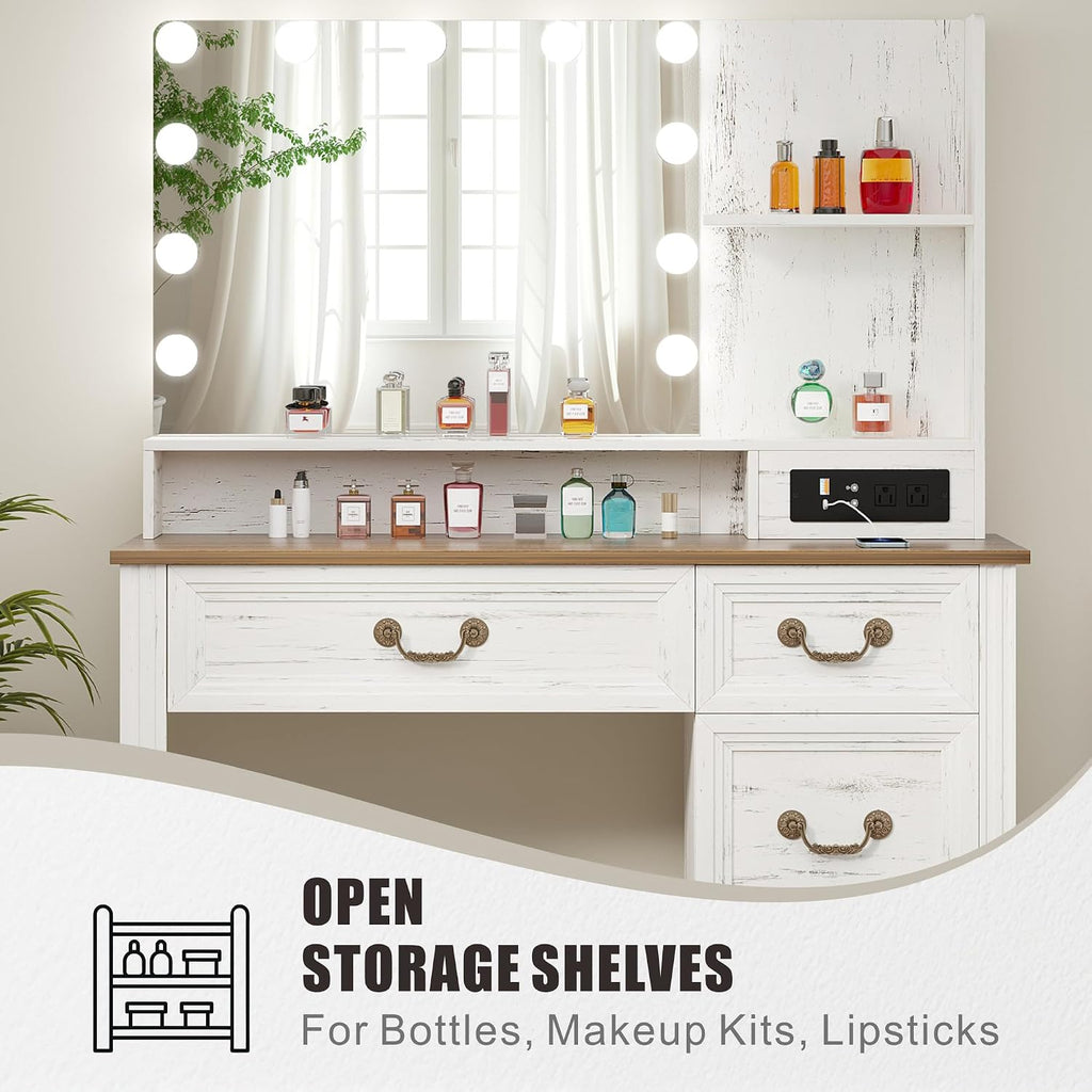 Lareth Farmhouse Vanity Desk with Lighted Mirror & Power Outlet, 39 inch Rustic Makeup Vanity Table with Drawers and Stool, Hollywood Mirror with Lights, White Dressing Table for Women Girls Gifts