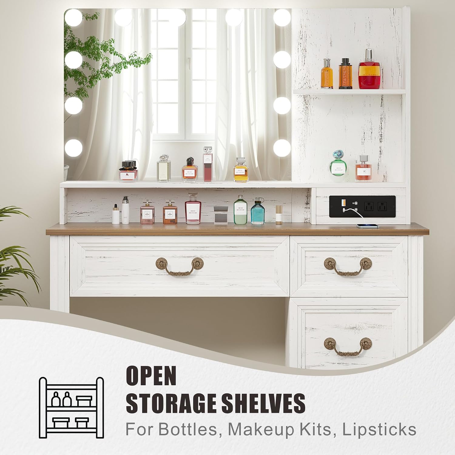 Lareth Farmhouse Vanity Desk with Lighted Mirror & Power Outlet, 39 inch Rustic Makeup Vanity Table with Drawers and Stool, Hollywood Mirror with Lights, White Dressing Table for Women Girls Gifts