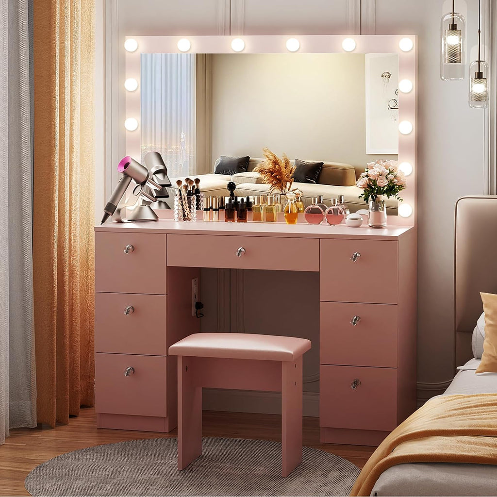 VOWNER Vanity with Lighted Mirror - Makeup Vanity Desk with Glass Top, 7 Drawers and Power Outlet, 3 Color Lighting Modes Adjustable Brightness, 44' Vanity Table with Stool for Women Girls, Pink