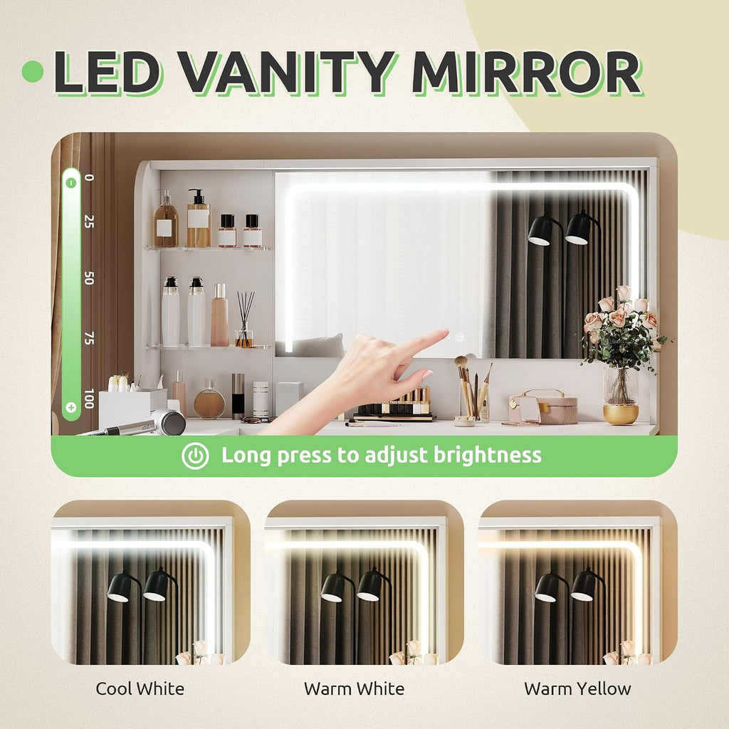 DWVO Vanity Desk with Light and Mirror, 3 Lighting Modes, L-Shaped Corner Vanity Table, 48' Large Dressing Table with 5 Tempered Glass Drawers with Open Storage Shelves