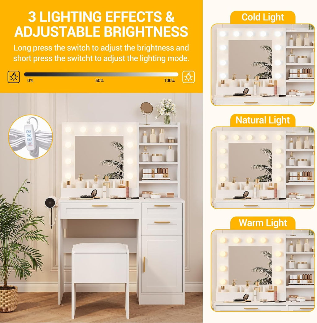 Makeup Vanity with Mirror and Lights, 37' Small Vanity Desk with Power Outlet, 3 Colors & Adjustable Brightness, White Vanity Set with 3 Drawers, Cabinet & Cushioned Chair