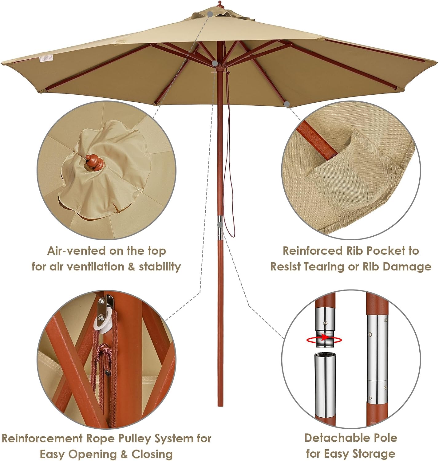 Yescom 9ft Coastal Solid Wood Umbrella Pulley Lift Commercial Base with Wheel Included for Seaside Restaurant Terrace Poolside Beach Club