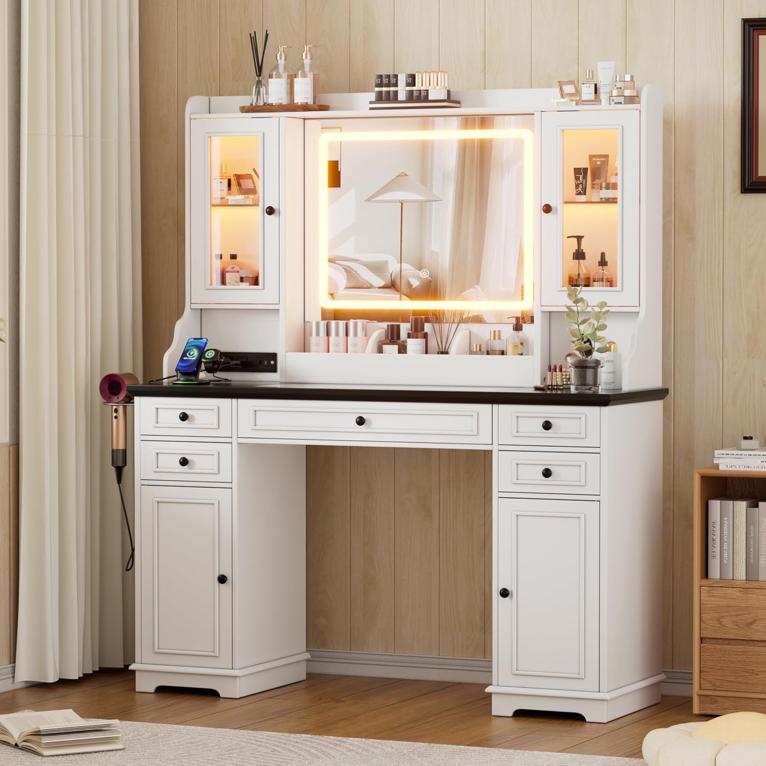PAKASEPT Vanity Desk with Mirror and Lights, Makeup Vanity with 3 Lighting Modes& Charging Station, 5 Drawers, 4 Cabinets, Farmhouse Bedroom Vanitys for Women, Girls, Teens