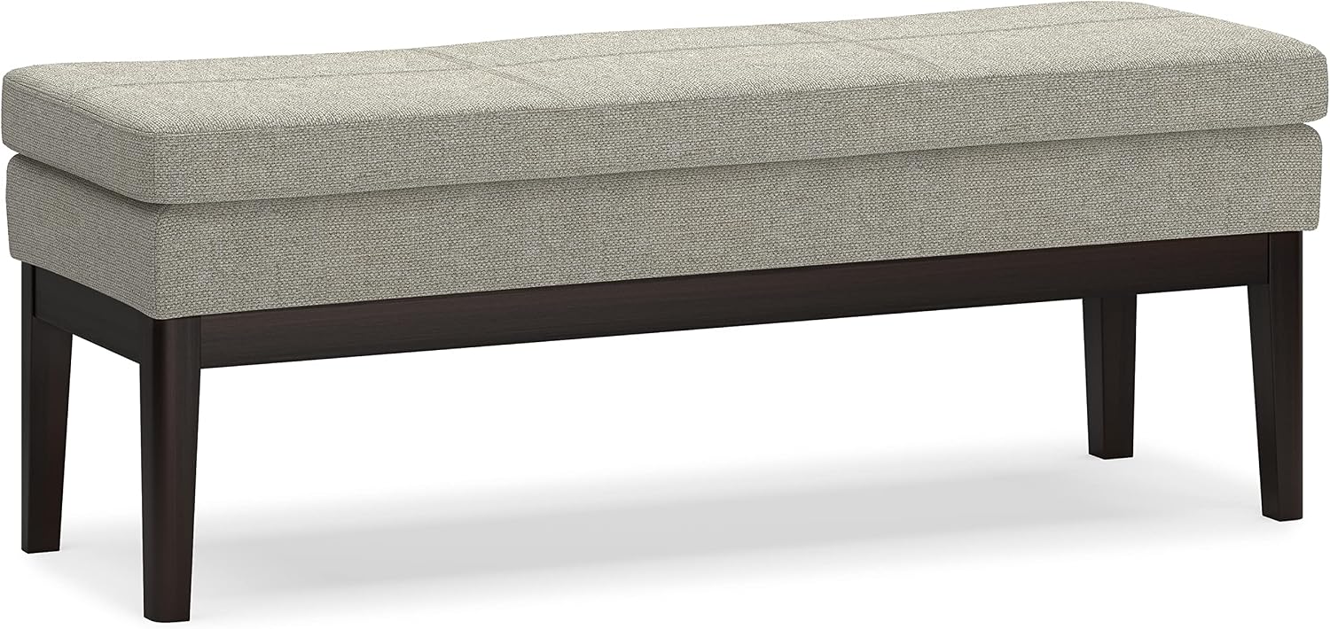 SIMPLIHOME Carlson Ottoman Bench - 45 inch Wide Upholstered Vegan Leather Rectangle Ottoman in Greige, Mid Century Modern Bench for Bedroom, Entryway or Living Room with Padded Seat