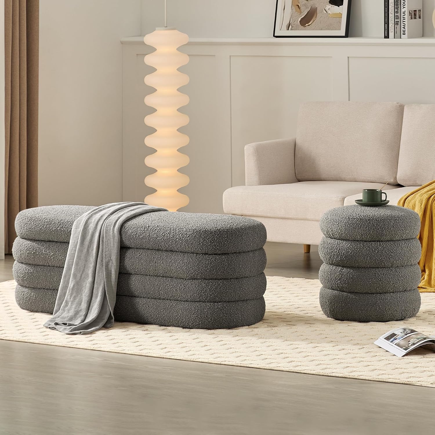 Busaurus Storage Ottoman Bench 49.2 Inch Upholstered Fabric Storage Bench for Bedroom End of Bed Aesthetic Large Oval Ottoman for Living Room(Grey)