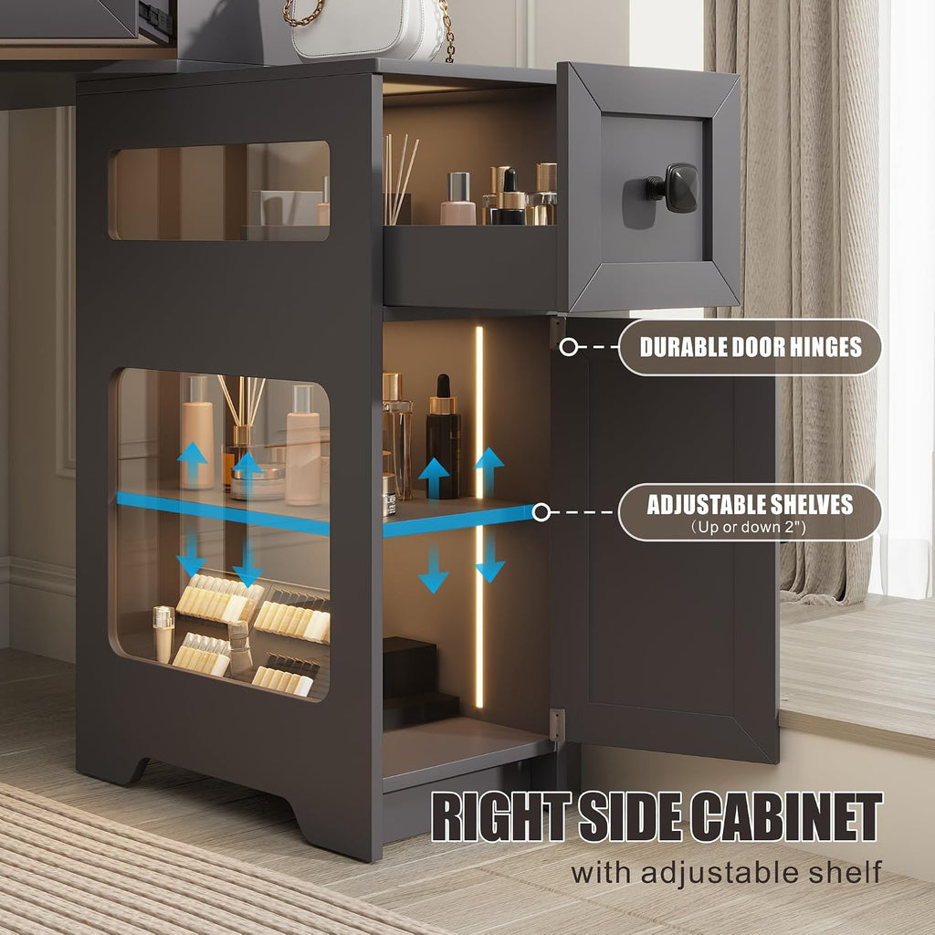Corner Vanity Desk with Mirror and Lights, Modern Makeup Vanity with Charging Station & Human Sensor Light, Glass Top Dressing Table with 4 Drawers & Shelves for Bedroom (Grey)