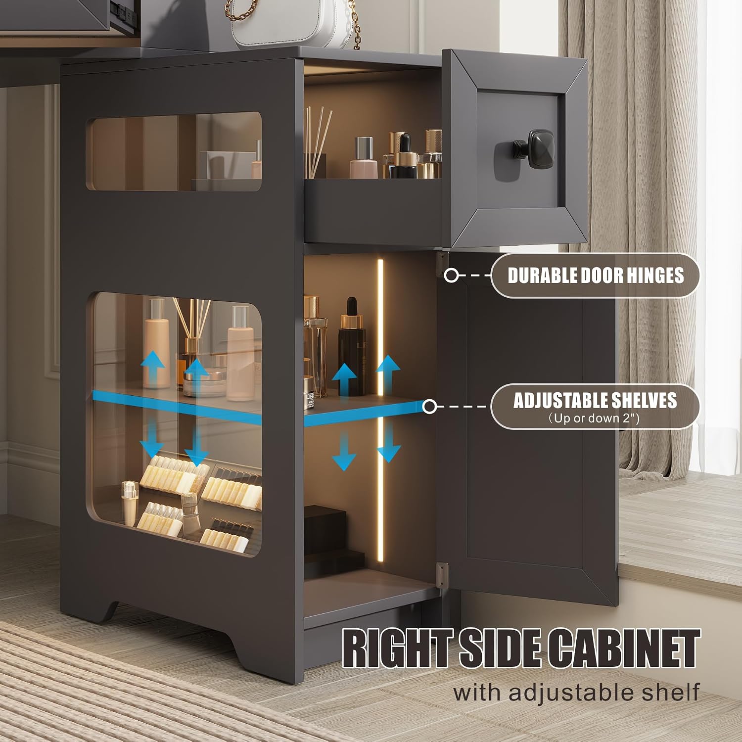 Corner Vanity Desk with Mirror and Lights, Modern Makeup Vanity with Charging Station & Human Sensor Light, Glass Top Dressing Table with 4 Drawers & Shelves for Bedroom (Grey)