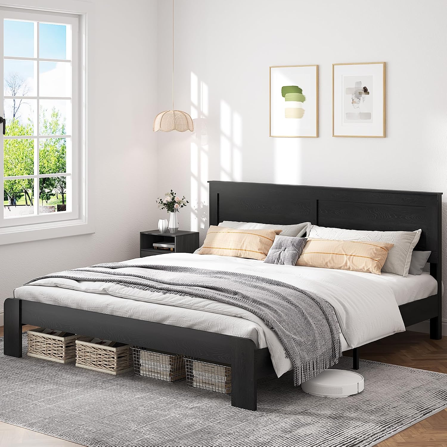 NNOOTK King Size Bed Frame, Rustic Vintage Platform Bed Frame with Wood Headboard and Footboard, 12 Wood Slats Support, No Box Spring Needed (Black, King)