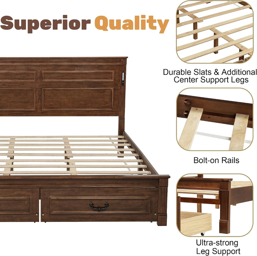 King Bed Frame with 46' Tall Headboard, Farmhouse Solid Wood King Size Platform Bed with 2 Storage Drawers,LED Lights & USB Charging Station,No Box Spring Needed, Walnut
