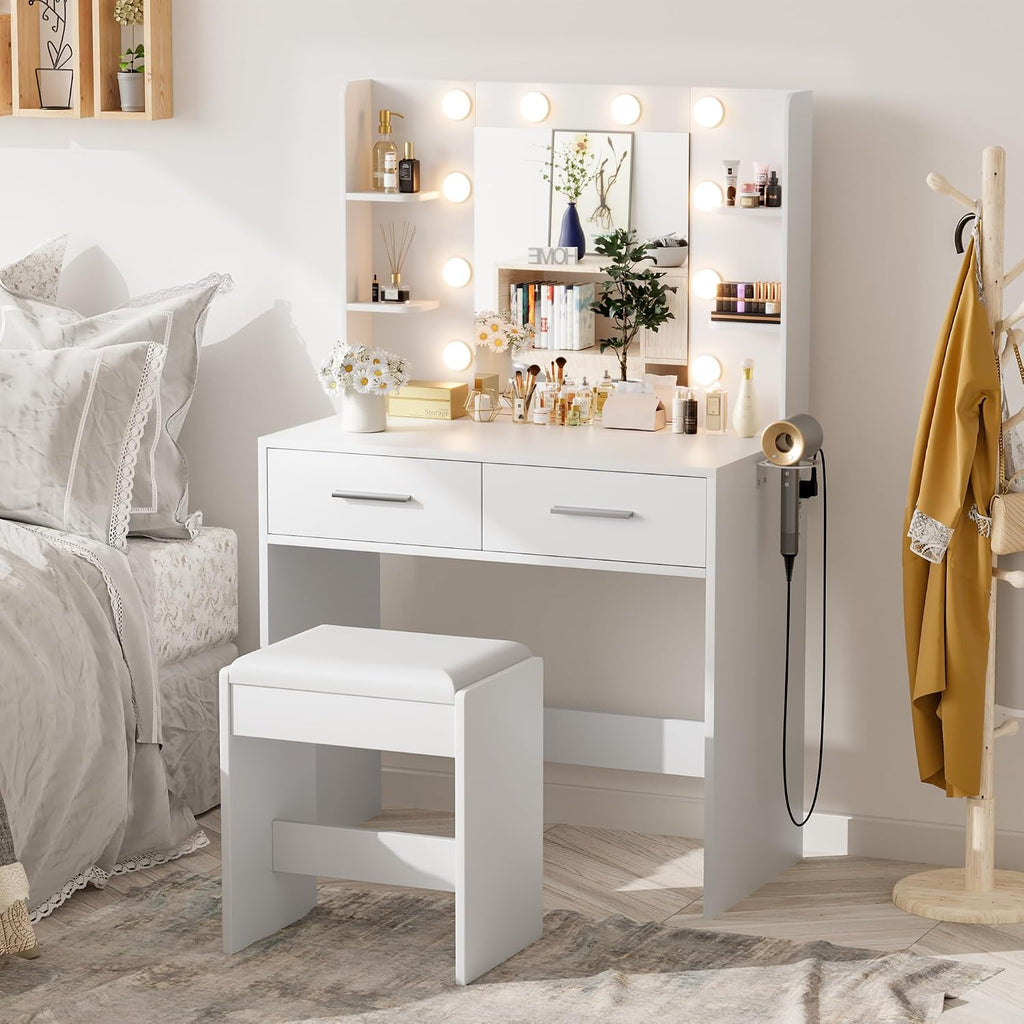 JUMMICO Makeup Vanity Desk with Mirror and Lights Power Outlet, Vanity Table Makeup Desk 2 Drawers, 6 Storage Shelves Hairdryer Holder & Bench Dressing Table for Bedroom (White, with Bench)