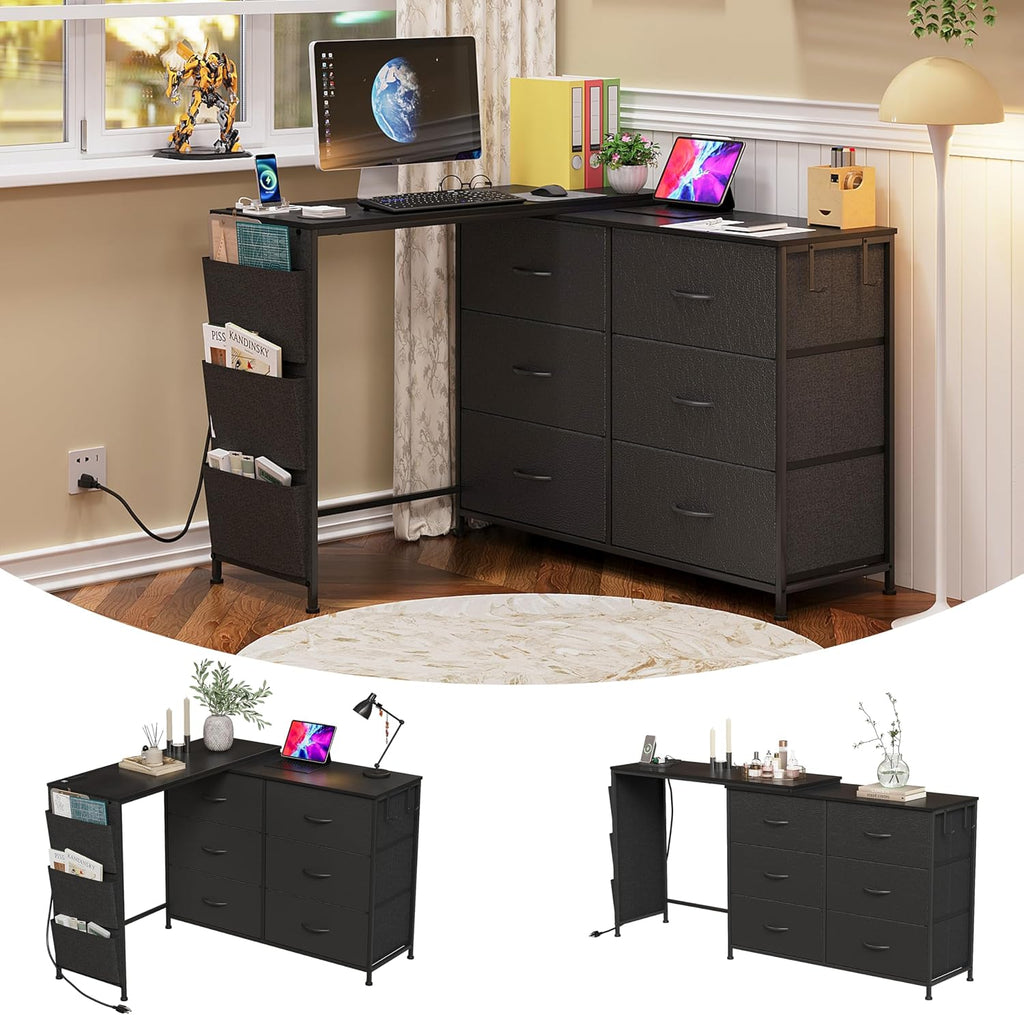 Simoretus Modern Corner Vanity Desk with 6 Fabric Drawers Power Outlet Side Pocket L Shaped Drawers Makeup Desk Dressing Table for Girls Women Bedroom (Black)