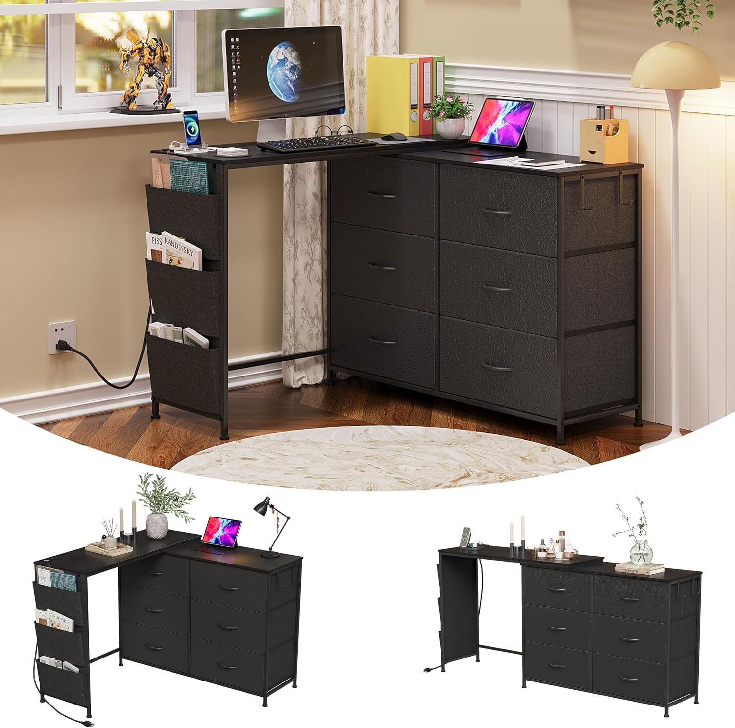 Simoretus Modern Corner Vanity Desk with 6 Fabric Drawers Power Outlet Side Pocket L Shaped Drawers Makeup Desk Dressing Table for Girls Women Bedroom (Black)