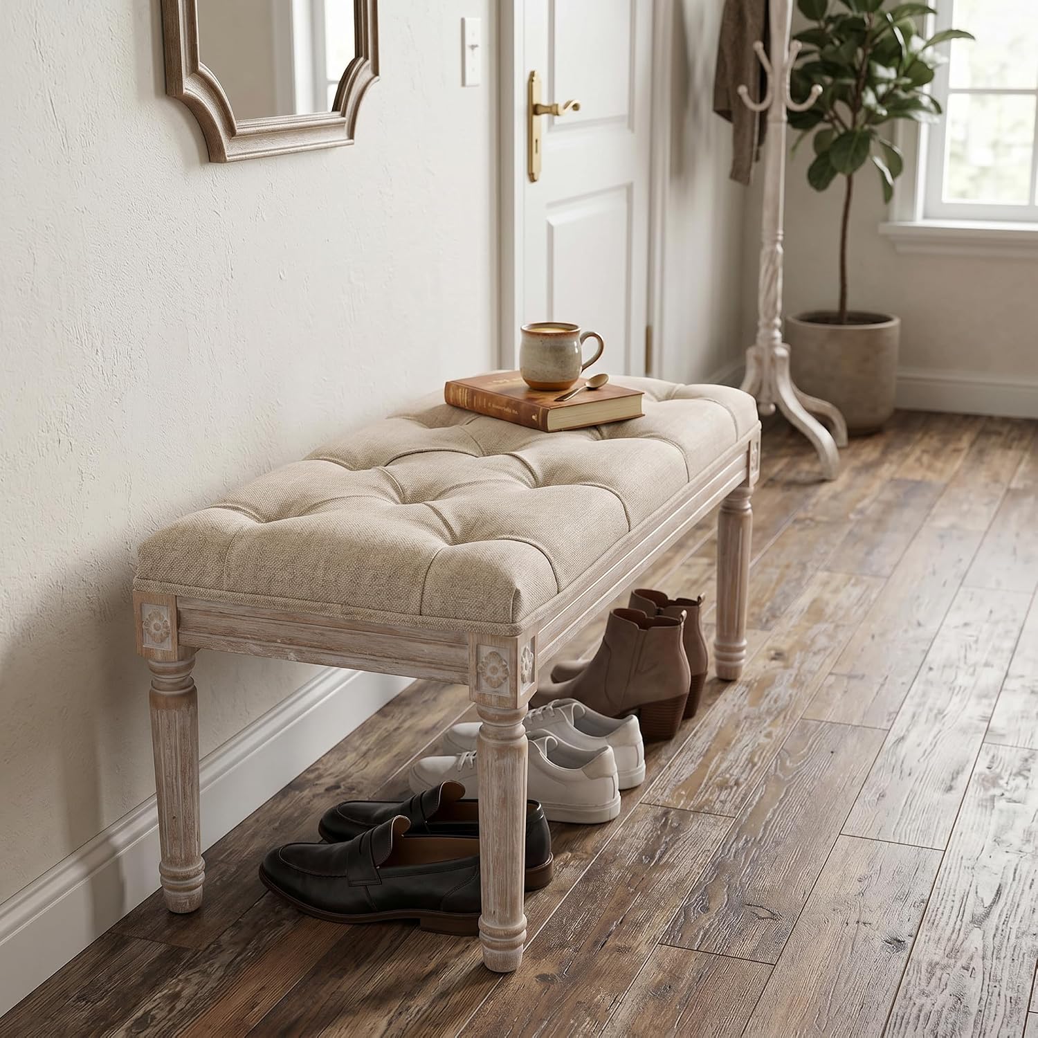 Upholstered Fabric Entryway Bench, Tufted Piano Bench for 2 People, Rubber Wood Legs with Beautiful Carved Pattern for Bedroom/Living Room/Dining Room (Beige)
