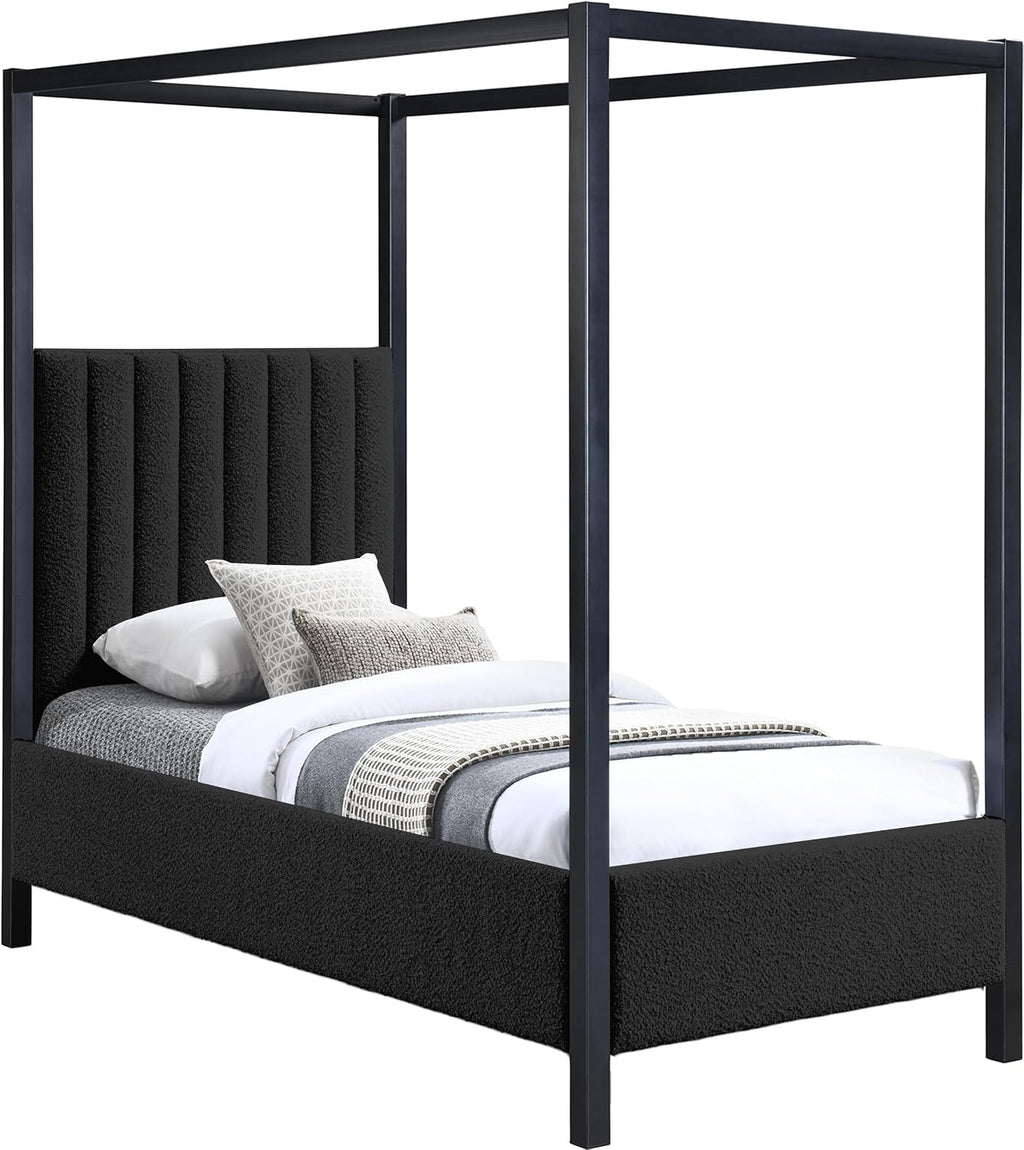 Meridian Furniture KellyBlack-T Kelly Collection Modern | Contemporary Twin Bed with Rich Black Boucle Fabric, Matte Black Iron Metal Frame Canopy, 41' W x 80' D x 77' H, Black, Twin