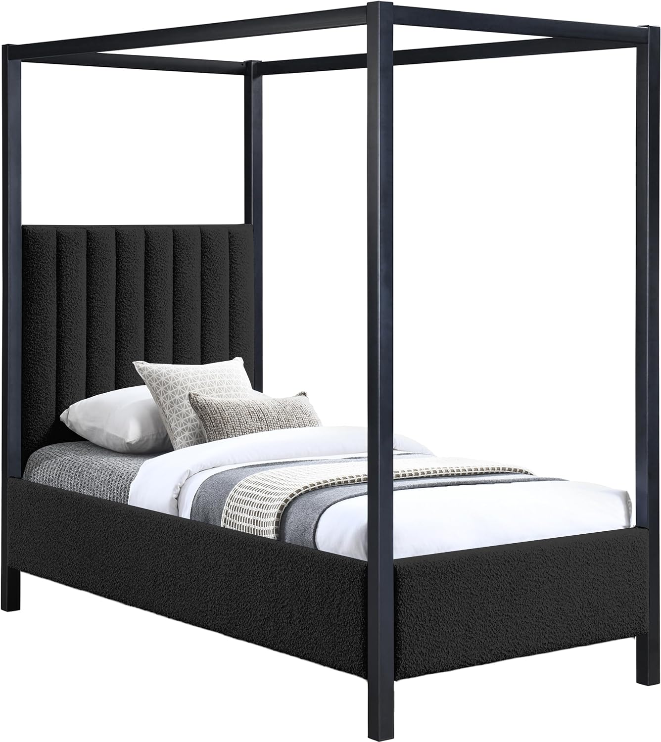 Meridian Furniture KellyBlack-T Kelly Collection Modern | Contemporary Twin Bed with Rich Black Boucle Fabric, Matte Black Iron Metal Frame Canopy, 41' W x 80' D x 77' H, Black, Twin