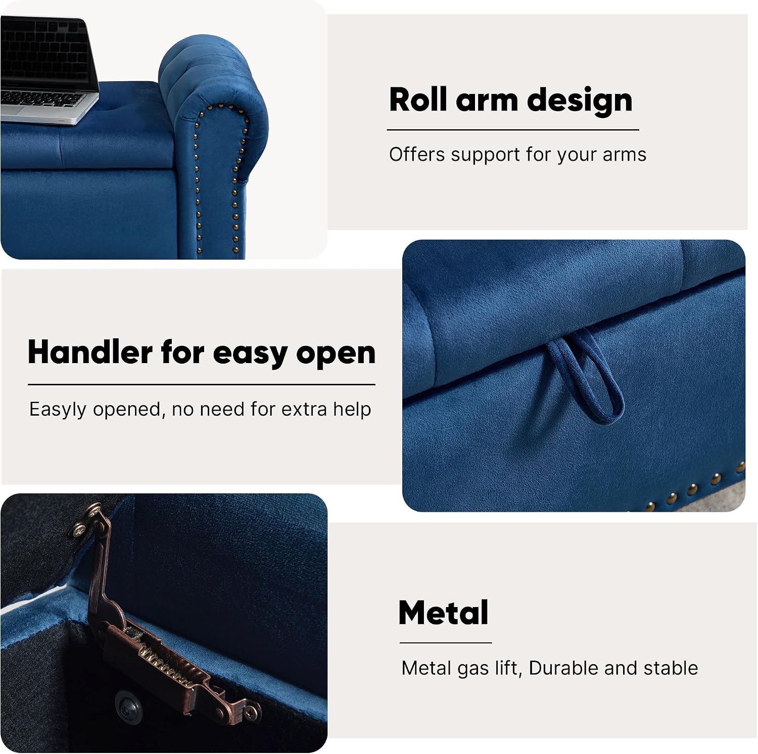 Storage Bench for Bedroom, 51' Upholstered End of Bed Bench, Velvet Queen Size Benches with Rolled Arms, Tufted Button Storage Long Ottoman, Living Room, Entryway, Blue