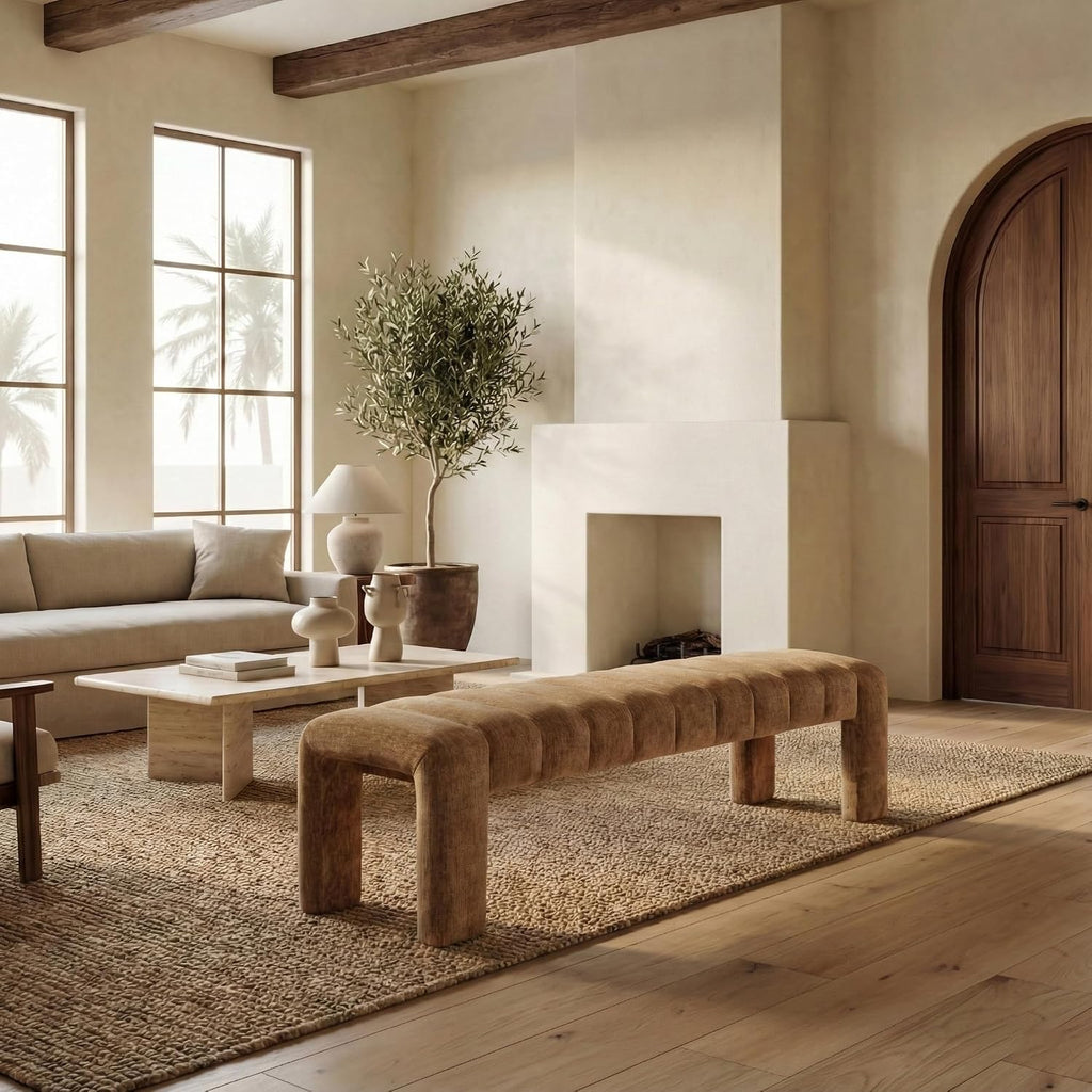 SAFAVIEH Couture Collection – Bellisima Amber Channel Tufted Chenille Bench, Modern Upholstered Accent Seating (SFV5127J)