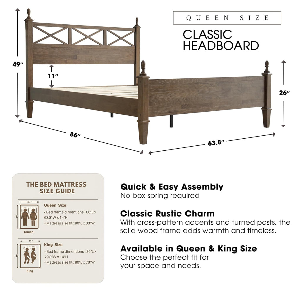 Queen Size Platform Bed Frame, Solid Wood with Headboard & Footboard, Center Metal Legs, 12 Strong Slatted Base, Anti-Noise & Slip-Free, Easy Assembly, No Box Spring Needed, Barnwood Finish RIQ-30