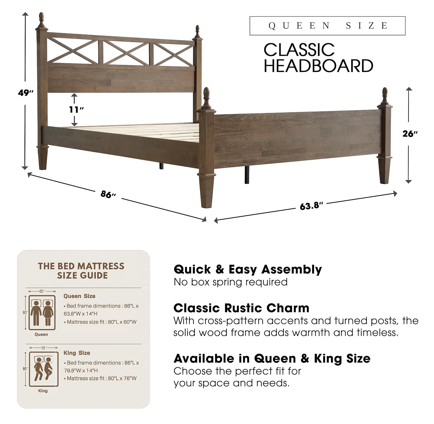 Queen Size Platform Bed Frame, Solid Wood with Headboard & Footboard, Center Metal Legs, 12 Strong Slatted Base, Anti-Noise & Slip-Free, Easy Assembly, No Box Spring Needed, Barnwood Finish RIQ-30