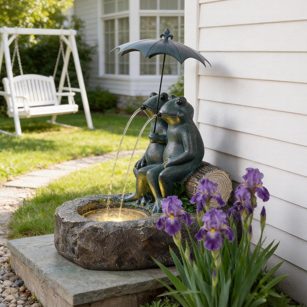 21' Frog Outdoor Water Fountain with LED Lights, Whimsical Resin Tabletop Waterfall Fountain Under Umbrella, Soothing Zen Garden Decor for Patio, Yard, Porch & Deck, Faux Bronze
