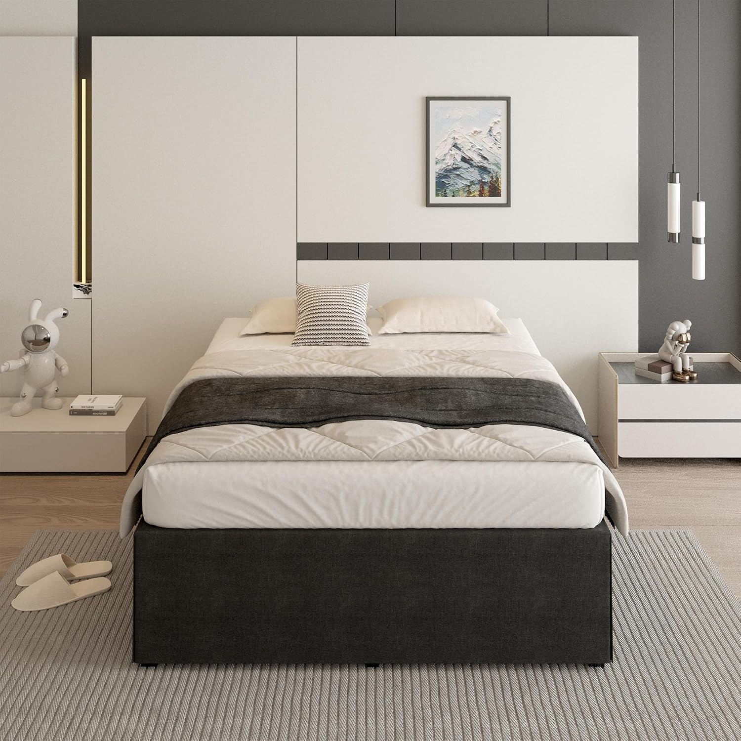Cieemine 18 Inch Queen Bed Frame with Black Bed Cover, Metal Bed Frames Queen Size No Box Spring Needed, Heavy Duty Mattress Foundation, Easy Assembly, Noise Free