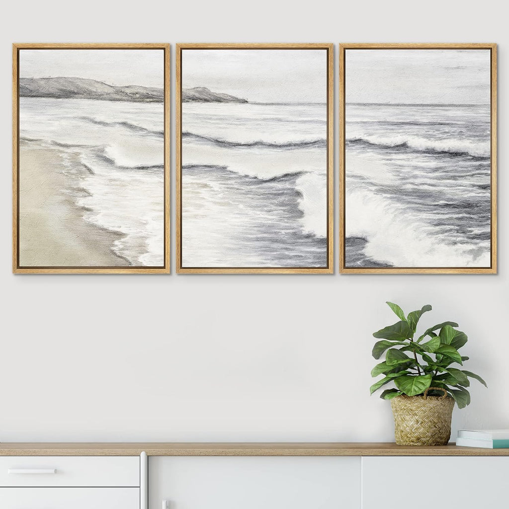 SIGNWIN Framed Canvas Print Wall Art Set Ocean Wave Beach Shore Seascape Nature Wilderness Illustrations Modern Art Decorative Scenic Rustic Zen for Living Room, Bedroom, Office - 16'x24'x3 Natural
