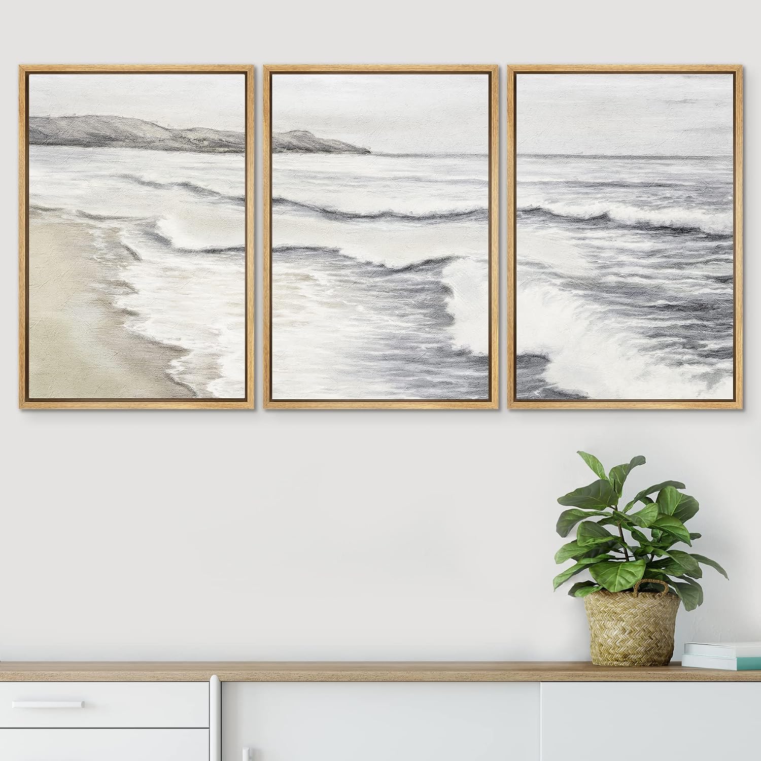 SIGNWIN Framed Canvas Print Wall Art Set Ocean Wave Beach Shore Seascape Nature Wilderness Illustrations Modern Art Decorative Scenic Rustic Zen for Living Room, Bedroom, Office - 16'x24'x3 Natural