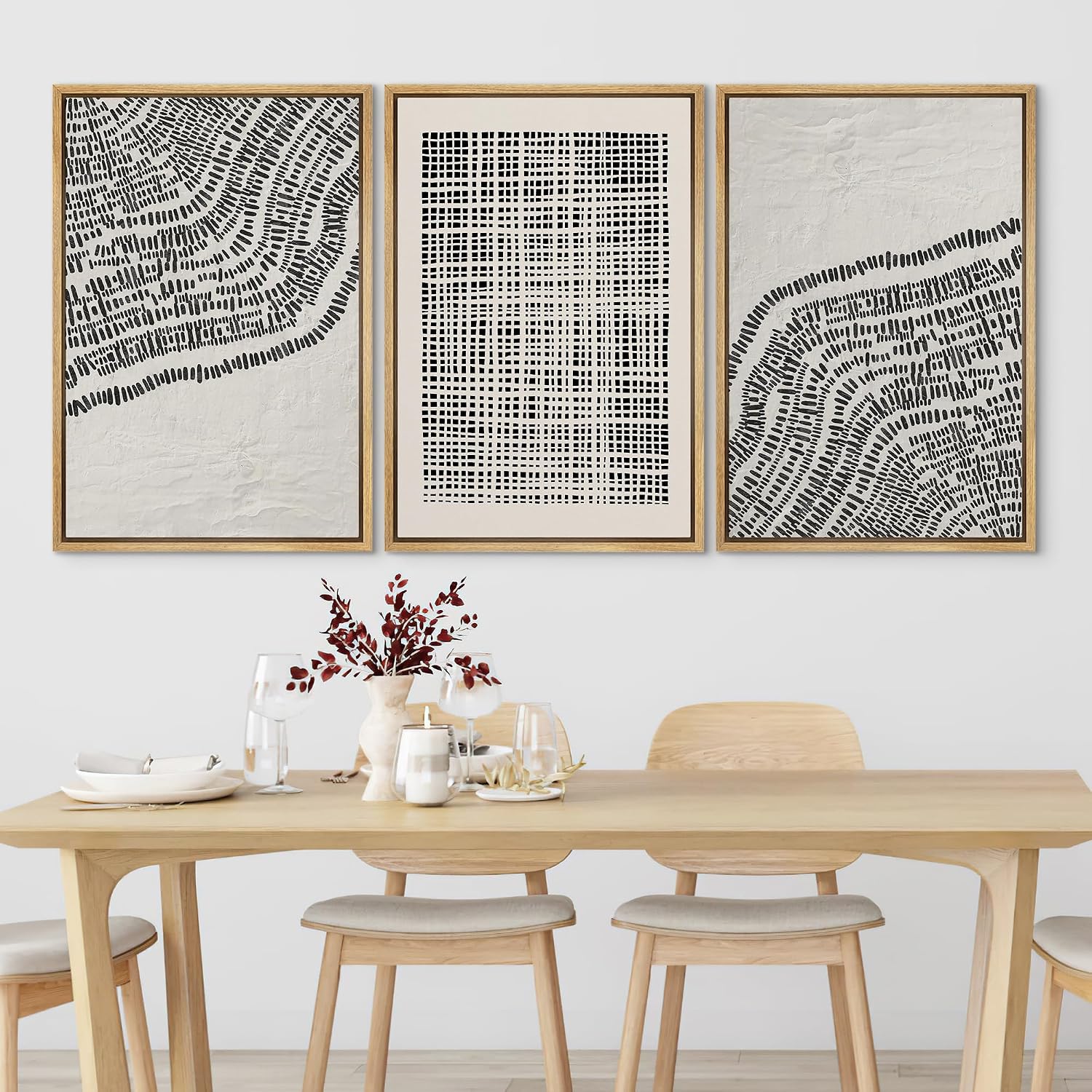 SIGNLEADER Framed Canvas Print Wall Art Set Minimalist Black and White Geometric Abstract Pattern and Line Illustrations Boho Decorative for Living Room, Bedroom, Office - 16'x24'x3 NATURAL