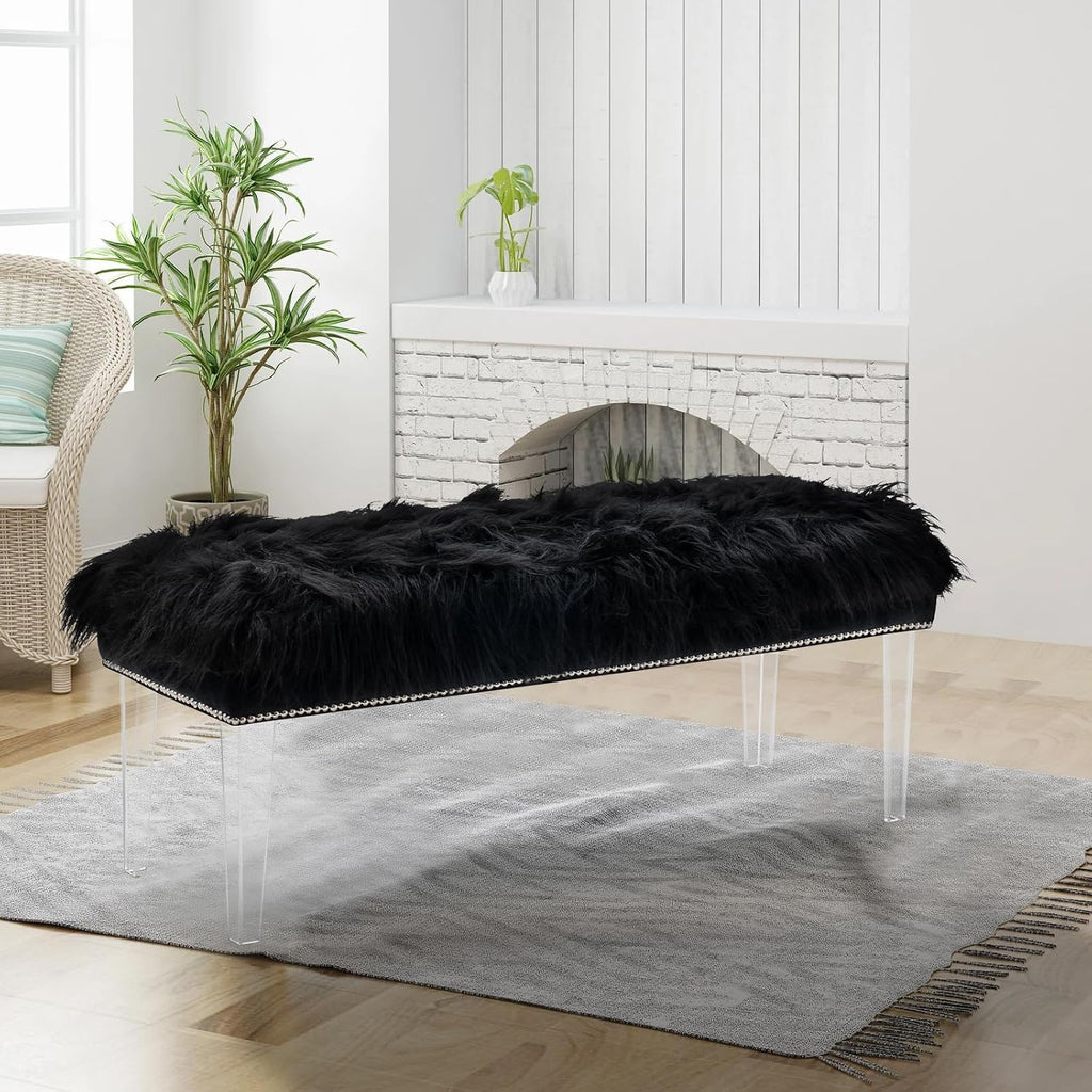 46 Inch Black Bedroom Bench, Benches for Bedroom White Faux Fur Upholstered Bed end Bench, Tufting Bench Indoor Bench with Acrylic Legs for Living Room Bedroom Dining Room Entryway