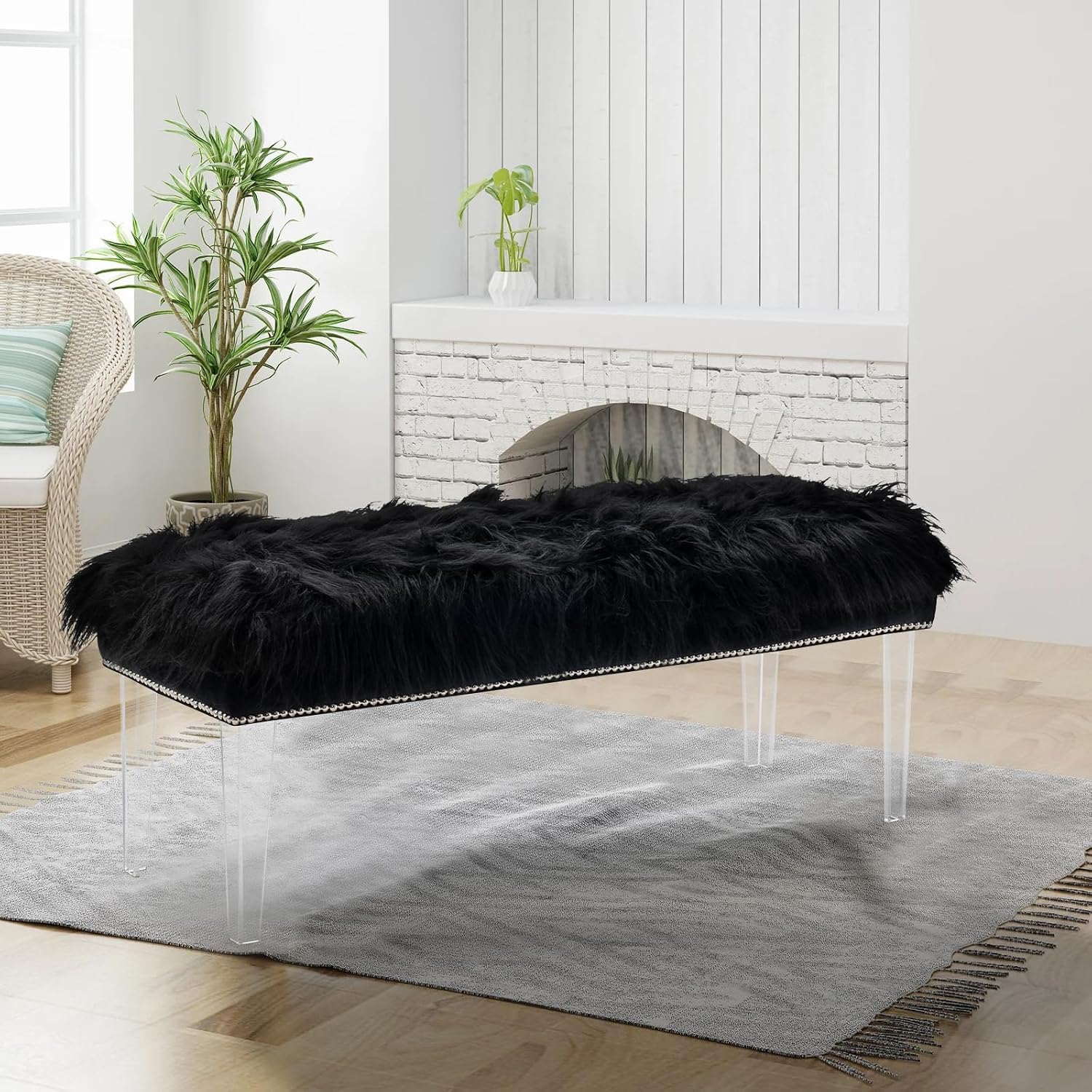 46 Inch Black Bedroom Bench, Benches for Bedroom White Faux Fur Upholstered Bed end Bench, Tufting Bench Indoor Bench with Acrylic Legs for Living Room Bedroom Dining Room Entryway