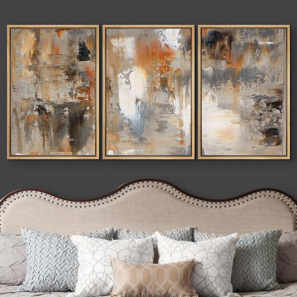 wall26 Framed Canvas Print Wall Art Set Black, White & Orange Brushstrokes Abstract Shapes Illustrations Modern Art Chic Colorful Multicolor Ultra for Living Room, Bedroom, Office - 16'x24'x3 Natural
